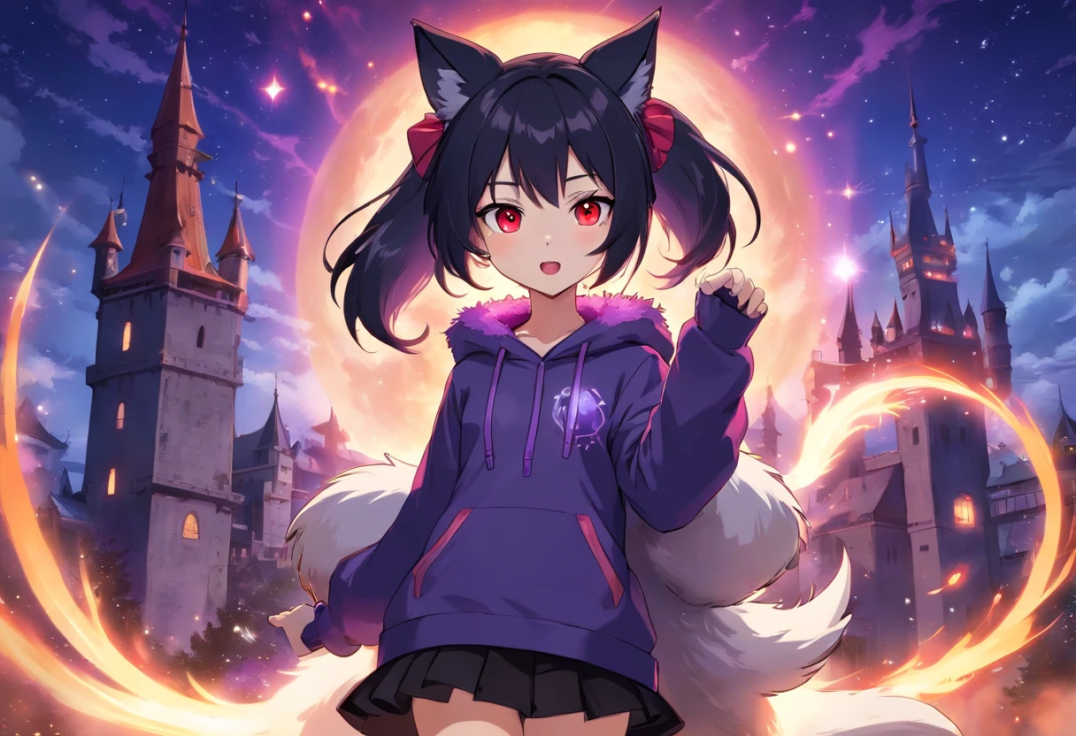 furry girl, wolf, black hair, punk hairstyle, long ponytail, anime style, small breasts, red eyes, black hoodie jacket, open clothes, gothic bra with lace, black skirt, net tights, princess crown, Castle tower, night Sky, moon, stars, high quality, detailed body, detailed eyes, detailed face, masterpiece, glistening body, detailed body fur, best quality, two tone body, gray fur, clear gray fur, skinny, fangs, holding a magic, hand palm whit purple fire magic, conjuring a purple fire, magic stance, :D, sassy face, purple fire aura, magic particles, spectacular effects,