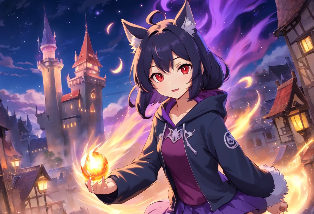 furry girl, wolf, black hair, punk hairstyle, long ponytail, anime style, small breasts, red eyes, black hoodie jacket, open clothes, gothic bra with lace, black skirt, net tights, princess crown, Castle tower, night Sky, moon, stars, high quality, detailed body, detailed eyes, detailed face, masterpiece, glistening body, detailed body fur, best quality, two tone body, gray fur, clear gray fur, skinny, fangs, holding a magic, hand palm whit purple fire magic, conjuring a purple fire, magic stance, :D, sassy face, purple fire aura, magic particles, spectacular effects,