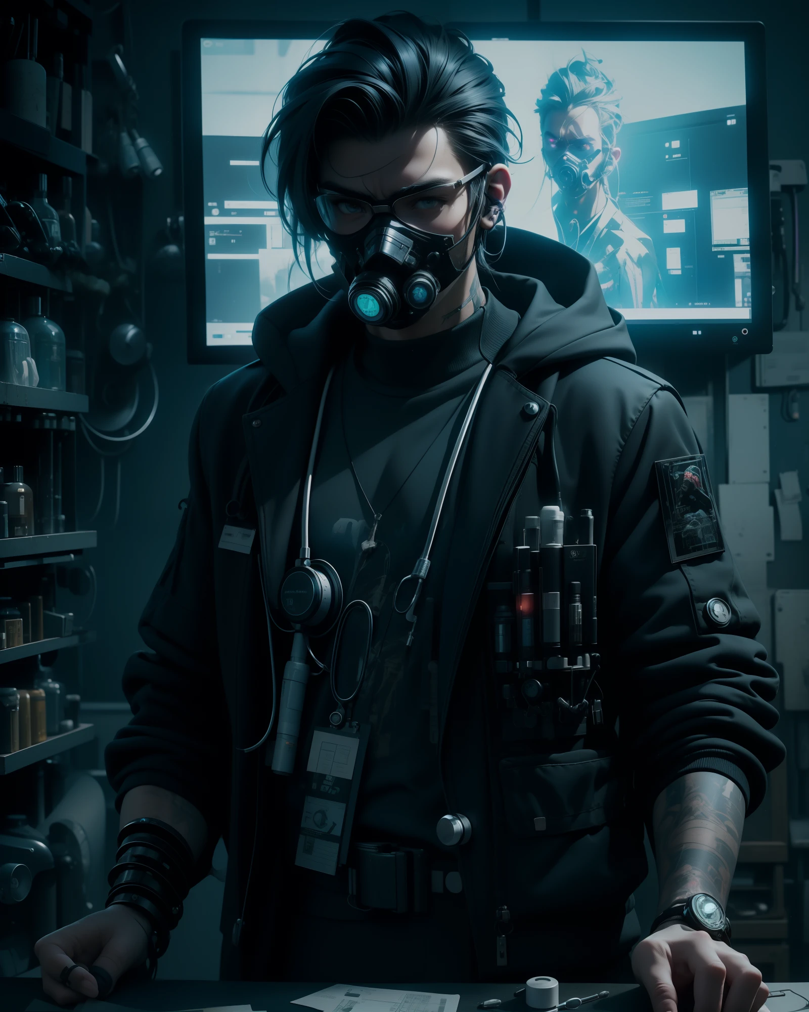 Hyperrealistic, Unreal engine, 3d, (Medium Shot), (Cyberpunk Doctor), Cyberpunk Meta-Gnome Doctor wearing HighTech Surgical mask in Treatment Room, (Cyberpunk Stethoscope), (Doctor Accessories), Goggles, (Holding) a Scifi (First Aid Kit), in the Holographics Hyperspace Metaverse 50mm, Ray Tracing, UHD