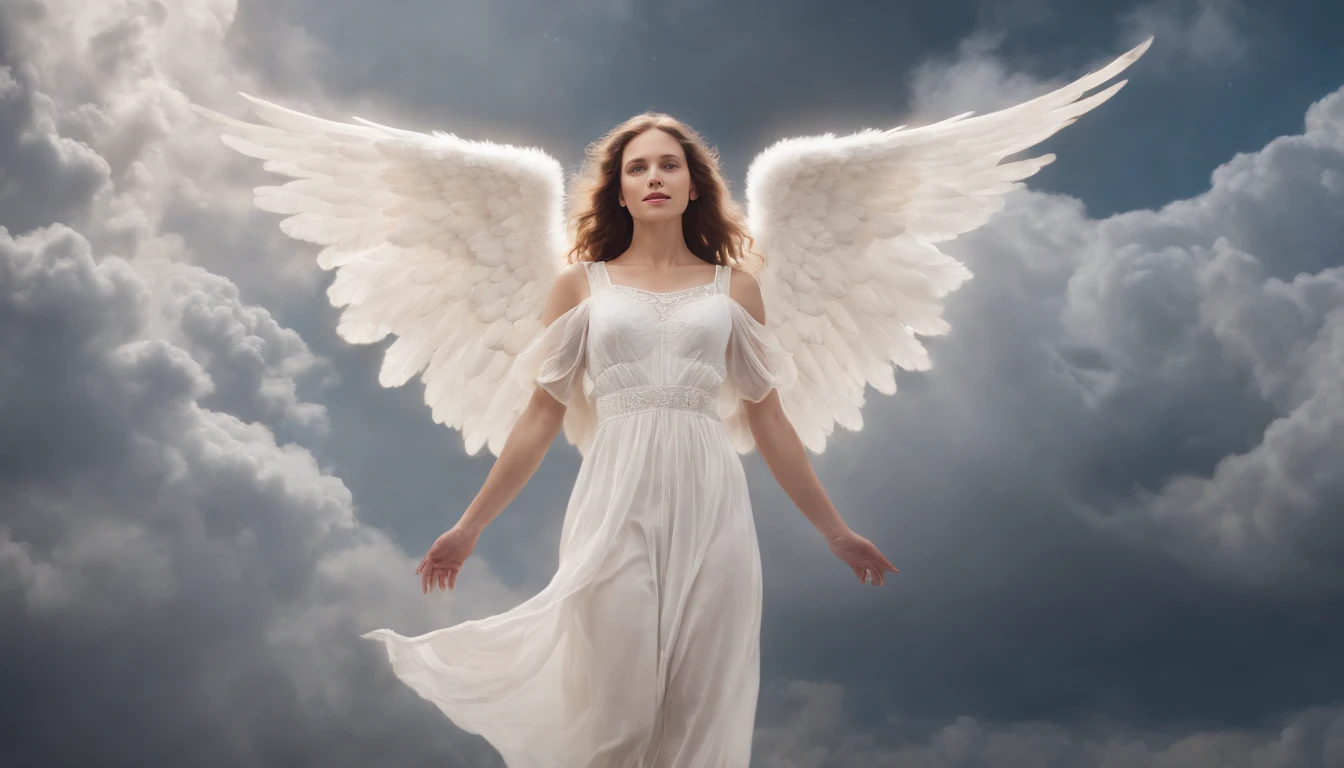 Absurd, very high resolution, super detailed, Depicting a beautiful woman facing the camera (((an angel with big wings))), perfect eyes, ears, mouth and beautiful hair, (((show full body ))), show the soft lighting effects, intimate moments, and feelings of joy, Create stunning images of an angelic transformation with long exposures that capture the beauty and movement of celestial bodies, (((background: clouds))), characterized by the light of the moon, A night with many stars, and a non-vibrant atmosphere. capturing the original appeal of primitive art, bold, simplified forms, intense colors, emphasizing raw emotions and instincts, the biblical stories, bible, guardian angels, realistic, 8k, cinematic