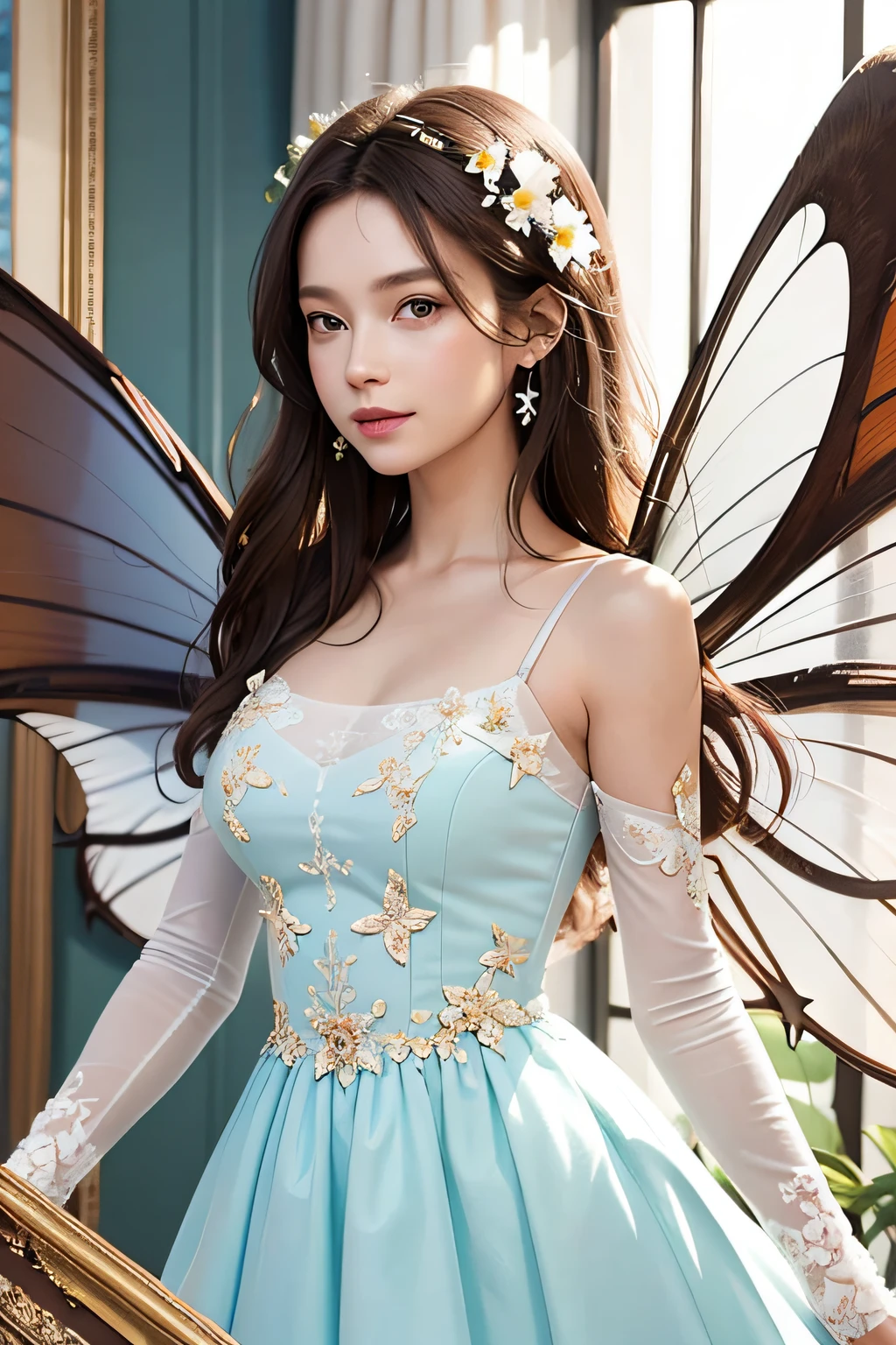 Masterpiece, Highest quality, (((Masterpiece))), (((Maximum level))), ((extra fine)), (illustration), ((Extremely delicate and beautiful)), Dynamic Angle, Floating, (Fairy wings: 1.4), (Beautiful detailed eyes), (Detailed light), (1 girl), Medium bust, Medium long hair, dark brown sparkling eyes, Dark brown hair, Bodycon dress, Natural, (Sunlight), (Painting), (Sketch), (flower), Slight smile, Pastel colors, full anatomy, Upper body, highly detailed beautiful face,