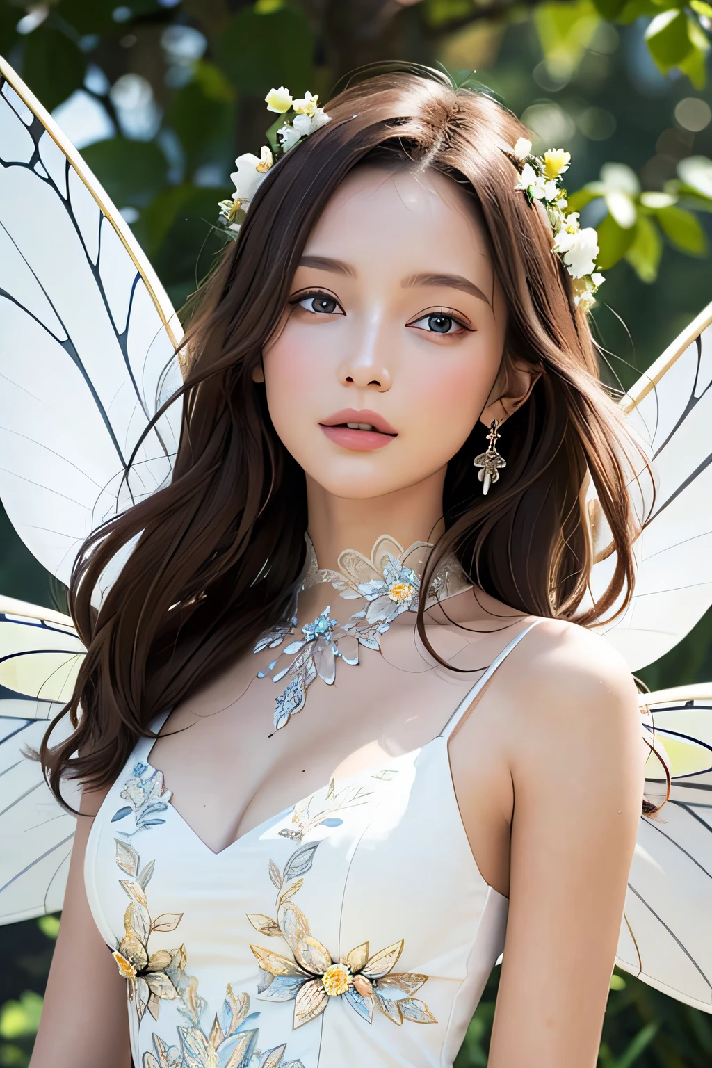 Masterpiece, Highest quality, (((Masterpiece))), (((Maximum level))), ((extra fine)), (illustration), ((Extremely delicate and beautiful)), Dynamic Angle, Floating, (Fairy wings: 1.4), (Beautiful detailed eyes), (Detailed light), (1 girl), Medium bust, Medium long hair, dark brown sparkling eyes, Dark brown hair, Bodycon dress, Natural, (Sunlight), (Painting), (Sketch), (flower), Slight smile, Pastel colors, full anatomy, Upper body, highly detailed beautiful face,