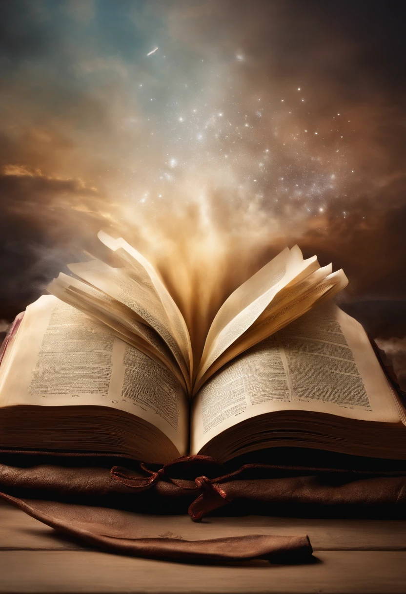 Create an image of an open bible, with a white pomp coming off the page