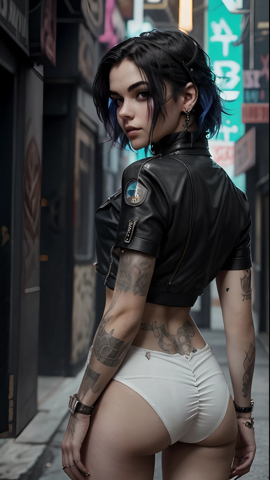 Beautiful woman, 21 anos, cabelo preto, porcelain skin, roupas de couro sexy, seios longos, estilo cyberpunk, realista detalhado, retrato, bunda ruim, Punk rock, rebelar-se, sexy, tiro de corpo inteiro