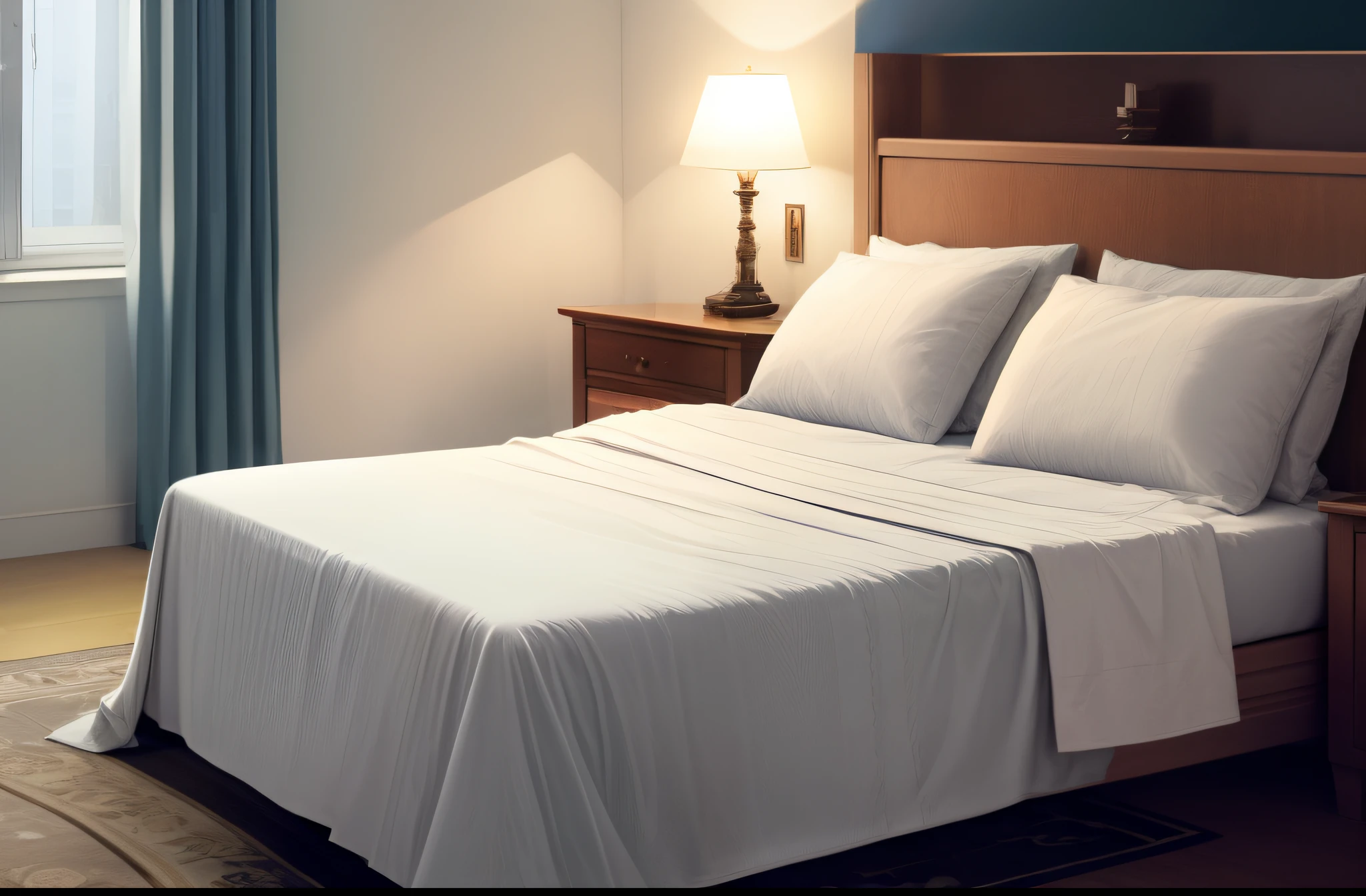 Luxury bedrooms have beds with white sheets and pillows, White sheets, White bed, un made bed, bed is not made, no lights in bedroom, taken with sony a7r camera, dim bedroom, Soft natural lighting, clean soft lighting, Flowing Silk Sheet, bed on the right, highly detailed soft lighting, bed