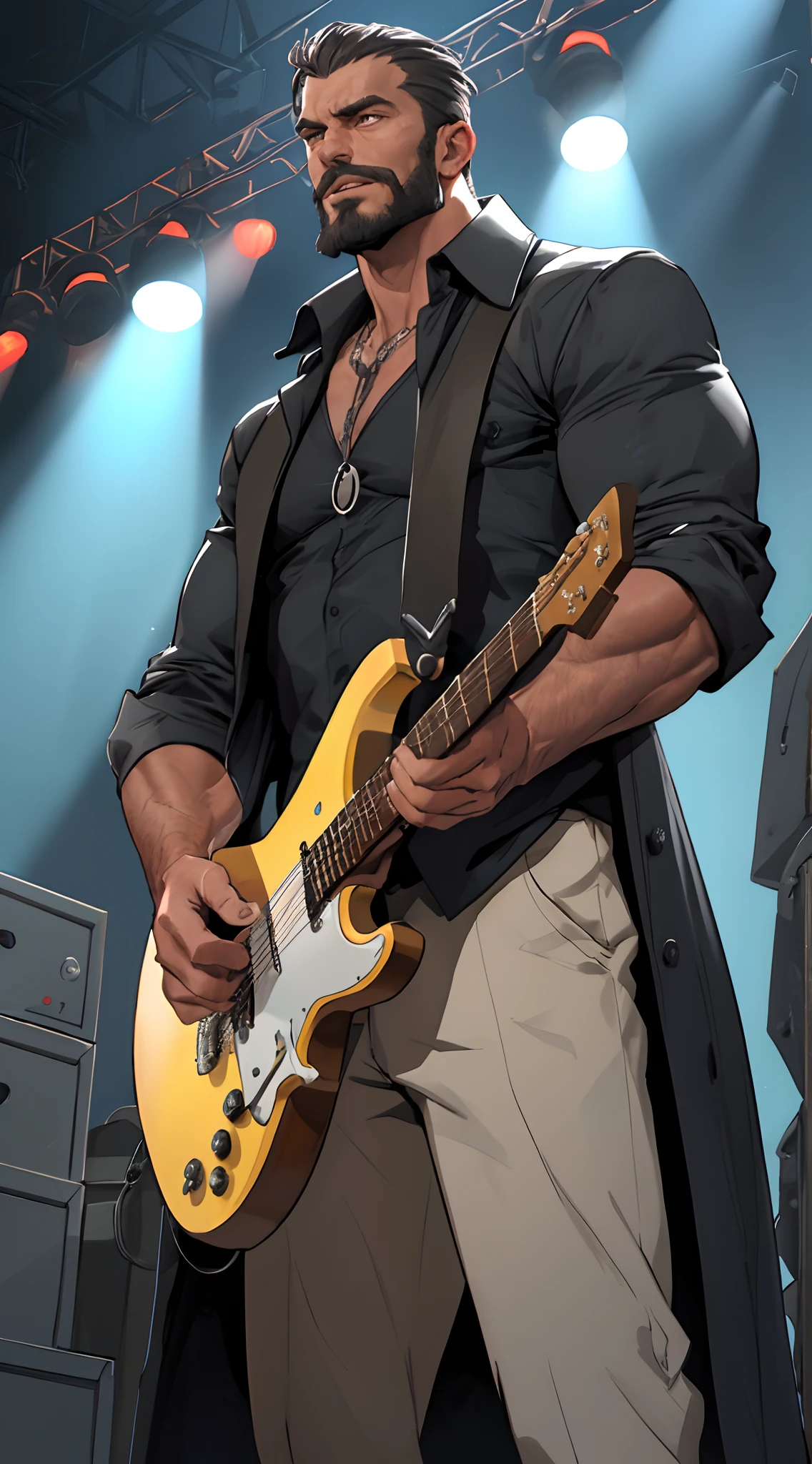 There is a man playing electric guitar on the stage, many spotlights on him, gigachad muscles, wearing a dull navy trench coat, wearing black shirt as inner, muscular men , male art, like 80s eric clapton, Commission for high resolution, Very heavy vignette!!!,hard ,Nothing is worn, Spotlight, slight laugh,veiny muscles,,shaggy lumpy body,Silver Plate Tag Necklace,Dad with extreme muscle mass,Black little long shaved side hair,Cropped beard face,Around 50 years old,tanned brown skin,ultra-detailliert,High quality,Realistic and smooth skin texture,Photorealistic Dandy Guy,Light and shadow