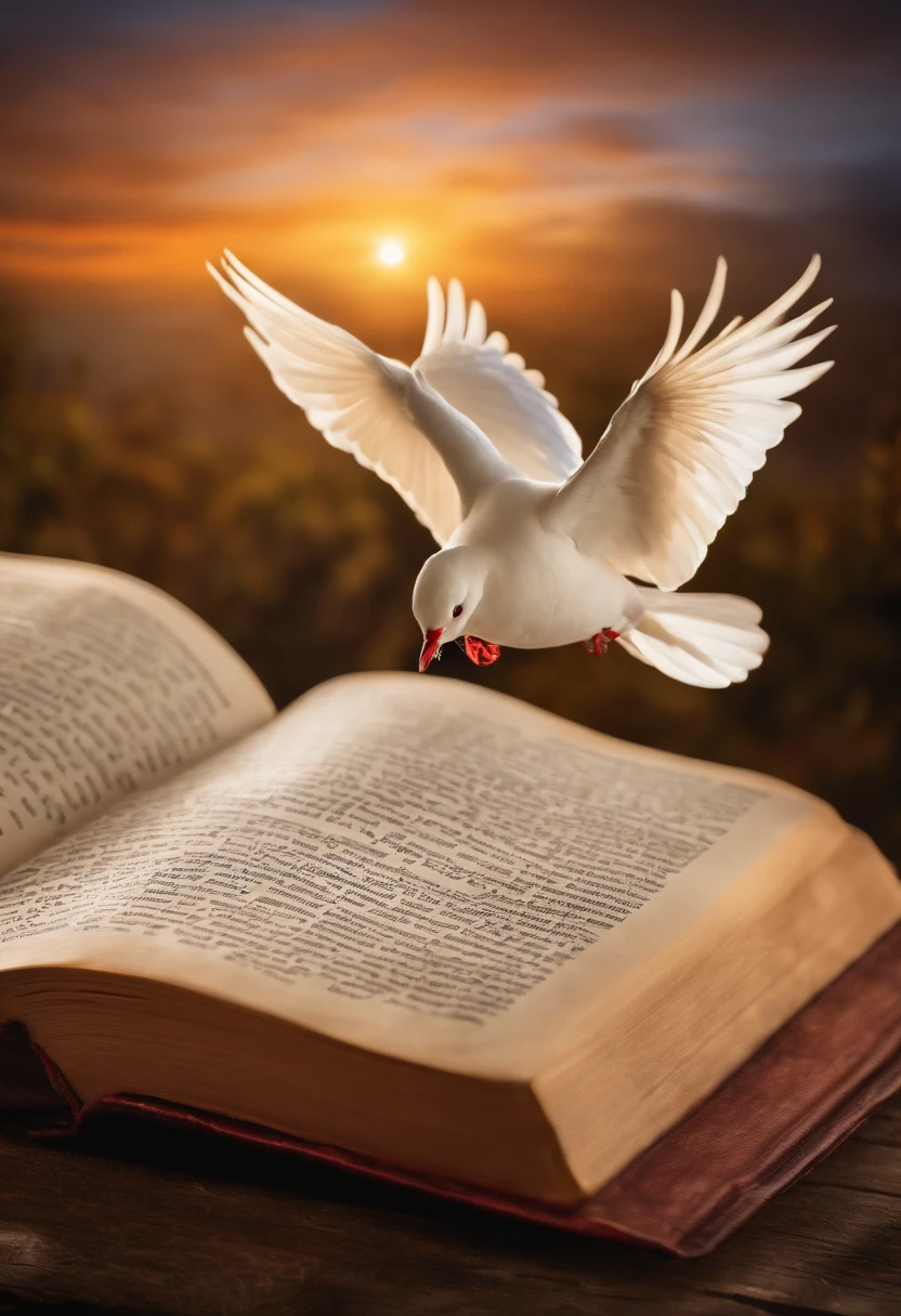 Create an image of an open bible, with a white dove sticking out of the page