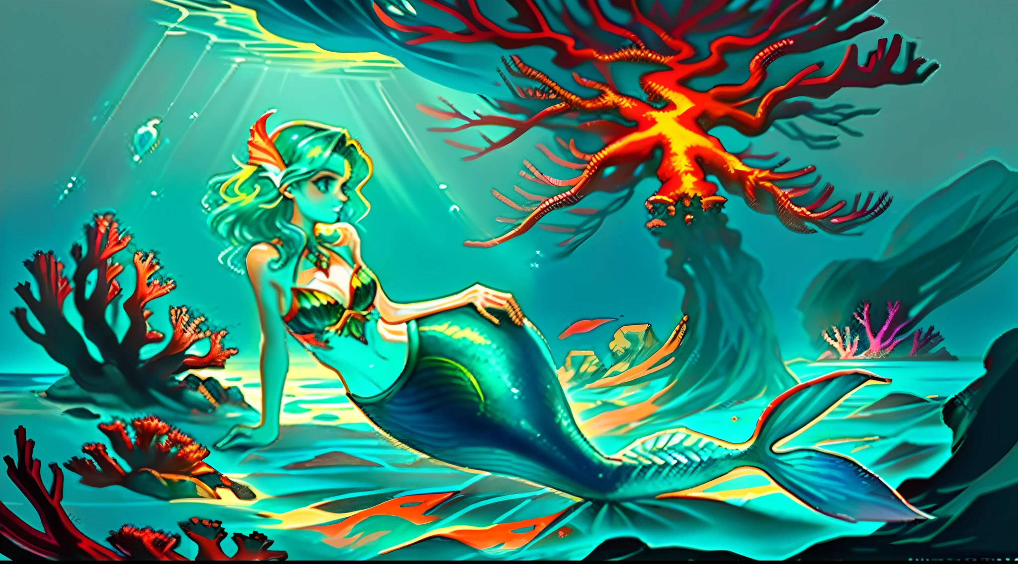 In the deep water of a coral reef, there is a mermaid that looks like a beautiful woman, the body color is more like emerald, the structure is a half mermaid,