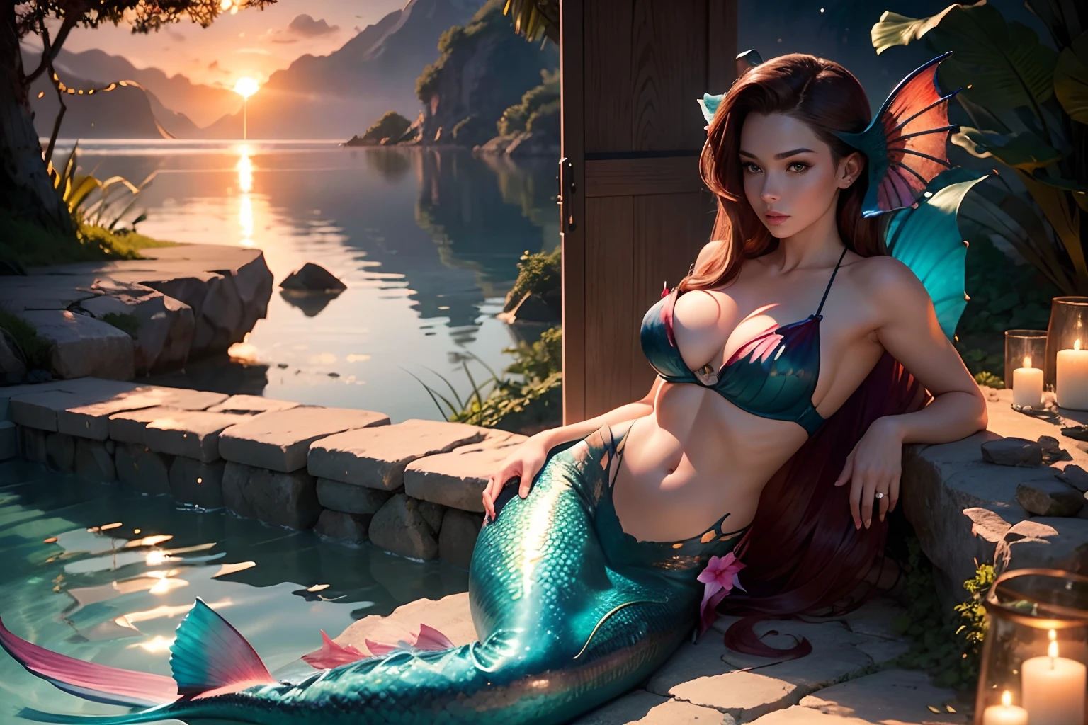 masterpiece with stunning quality: a captivating image of a mermaid. This beautiful woman with dark brown hair slicked back adorns her hair with orchids, has ear fins. blue tail with a pink and red fin, mermaid full tail, green leaf bra top. She elegantly sits in a shell against a backdrop of a breathtaking sunset.