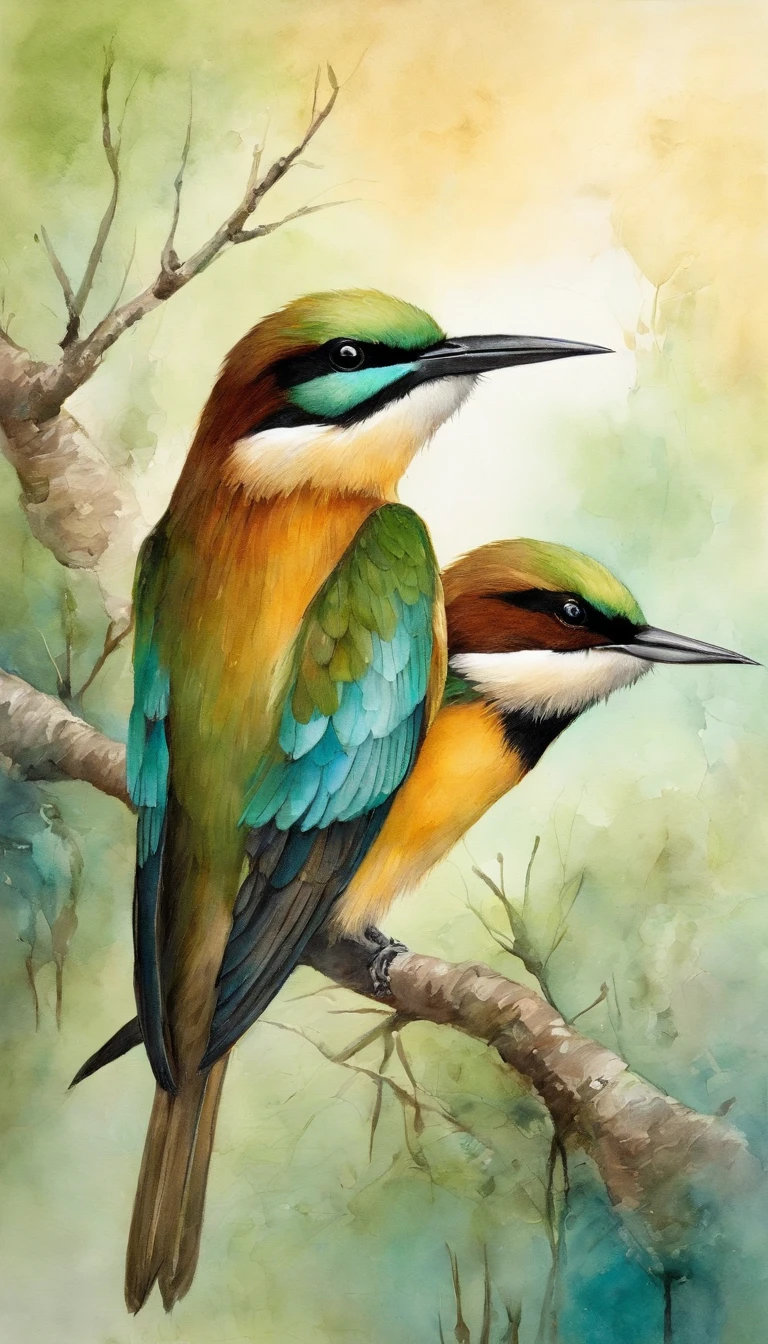 "A fascinating scene of the European bee-eater (brown-brown to straw yellow back, un ventre bleu turquoise, une calotte brune, une gorge jaune, Wings mixing brown, bleu vert et bord de fuite noir) colorful and graceful perched on bare branches, Project a captivating silhouette under the pale moonlit sky."