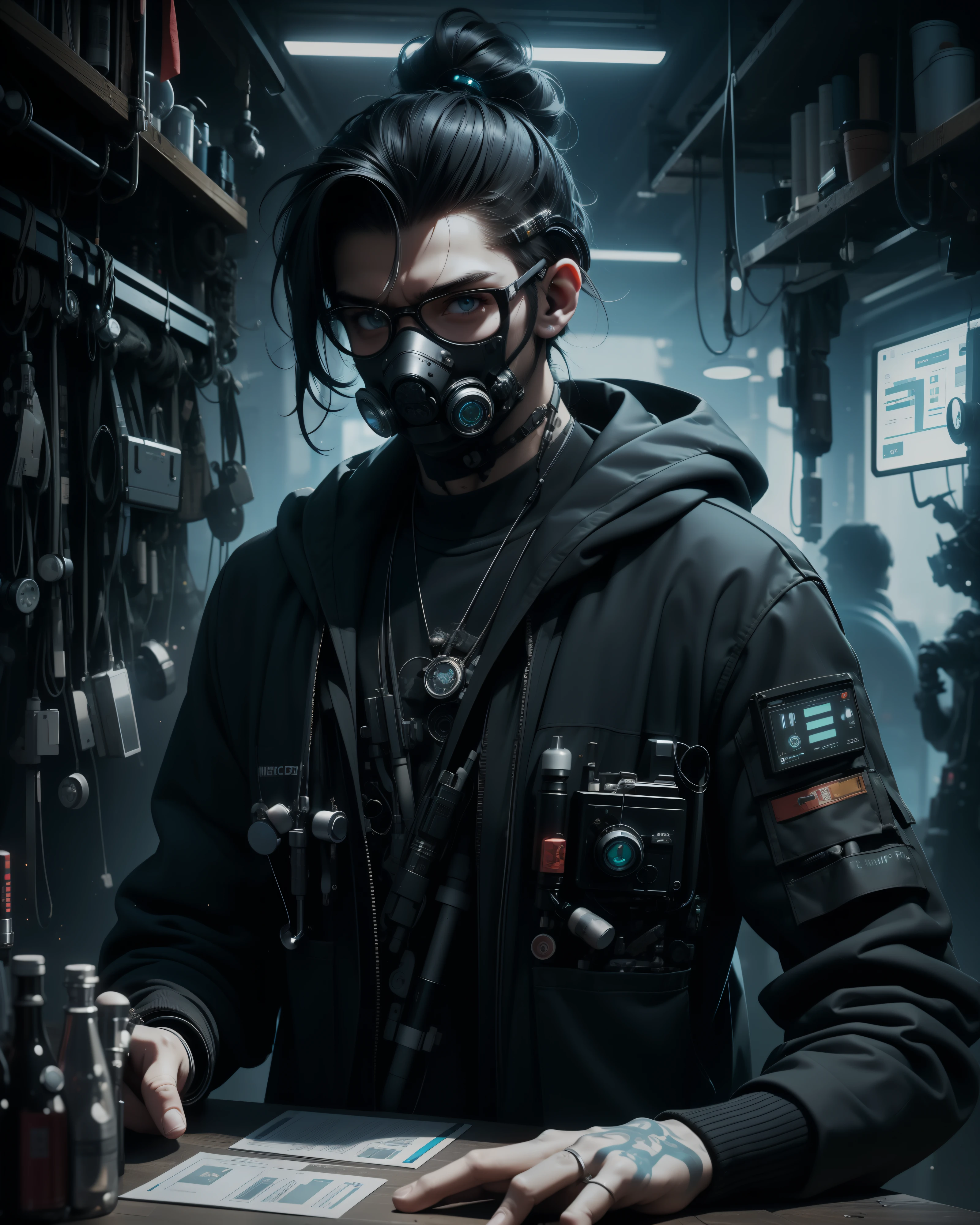 Hyperrealistic, Unreal engine, 3d, (Cyberpunk Doctor), Cyberpunk Meta-Gnome Doctor wearing HighTech Surgical mask, (Cyberpunk Stethoscope), (Doctor Accessories on table), Goggles, (Holding a Scifi First Aid Kit), in the Holographics Hyperspace Metaverse 50mm, Ray Tracing, UHD