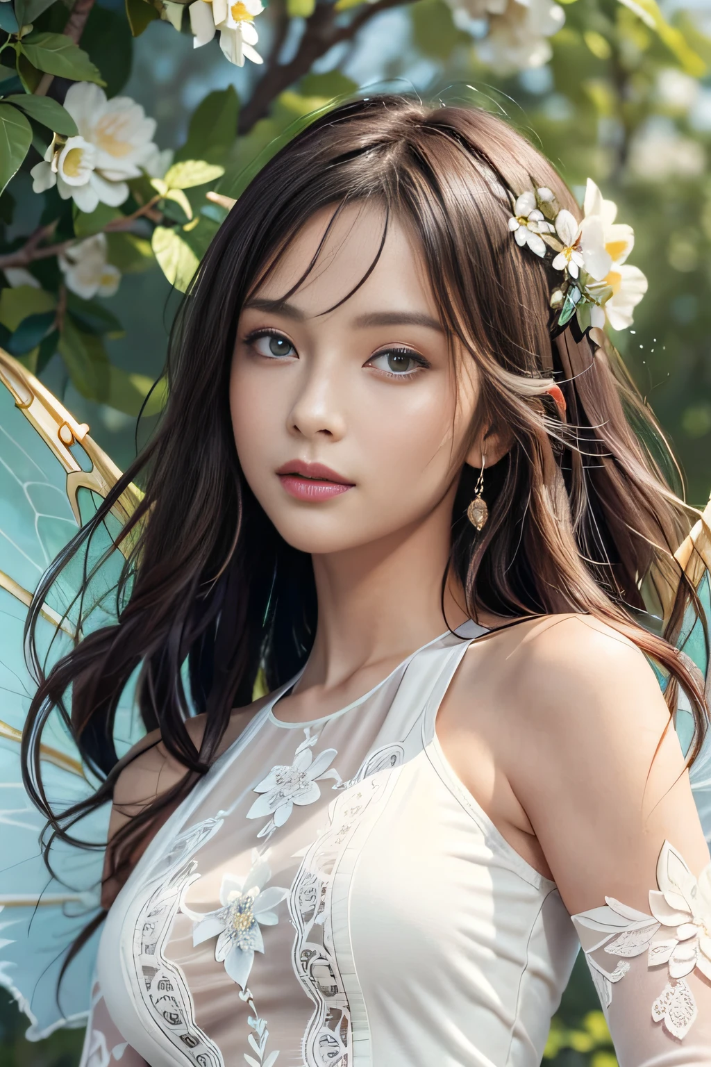 Masterpiece, Highest quality, (((Masterpiece))), (((Maximum level))), ((extra fine)), (illustration), ((Extremely delicate and beautiful)), Dynamic Angle, Floating, (Fairy wings: 1.4), (Beautiful detailed eyes), (Detailed light), (1 girl), Medium bust, Medium long hair, dark brown sparkling eyes, Dark brown hair, Bodycon dress, Natural, (Sunlight), (Painting), (Sketch), (flower), Slight smile, Pastel colors, full anatomy, Upper body, highly detailed beautiful face,