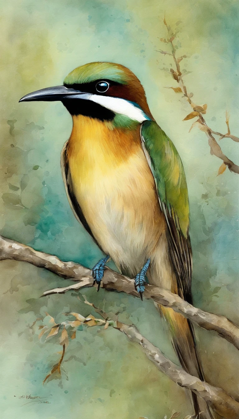 "A fascinating scene of the European bee-eater (brown-brown to straw yellow back, un ventre bleu turquoise, une calotte brune, une gorge jaune, Wings mixing brown, bleu vert et bord de fuite noir) colorful and graceful perched on bare branches, Project a captivating silhouette under the pale moonlit sky."