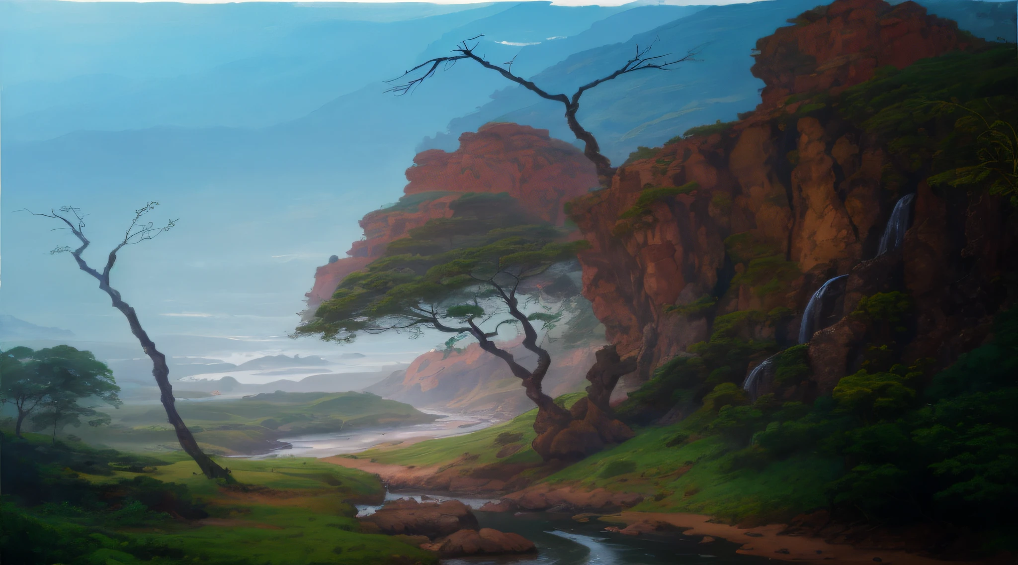 pintura de um riacho que atravessa um vale verde exuberante ao lado de um penhasco, paisagem de sonho, 8k resolution digital painting, 8k resolution digital painting, Pintura fosca soft focus, fantasy scenic, pintura digital fosca, detailed trees and cliffs, made of tree and fantasy valley, ethereal landscape, realistic landscape, pintura fosca sonhadora, Pintura digital fosca 4K HD, pintura fosca bonita