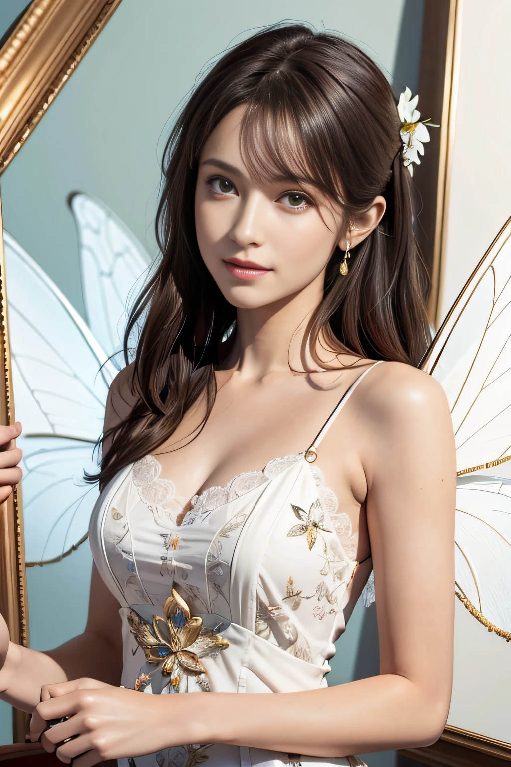 Masterpiece, Highest quality, (((Masterpiece))), (((Maximum level))), ((extra fine)), (illustration), ((Extremely delicate and beautiful)), Dynamic Angle, Floating, (Fairy wings: 1.4), (Beautiful detailed eyes), (Detailed light), (1 girl), Medium bust, Medium long hair, dark brown sparkling eyes, Dark brown hair, Bodycon dress, Natural, (Sunlight), (Painting), (Sketch), (flower), Slight smile, Pastel colors, full anatomy, Upper body, highly detailed beautiful face,