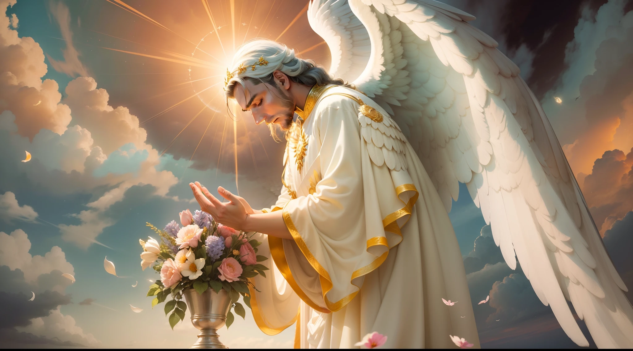 Closeup of an image of a man angel praying and blessing, arcanjo homem com asas grandes, o anjo da fortuna, perfeito, Reslistic, Biblical setting, celestial scenery, sol e nuvens ultras realistas, flores e velas, illuminated archangel of heaven, Passes in the background, flores coloridas, velas acesas