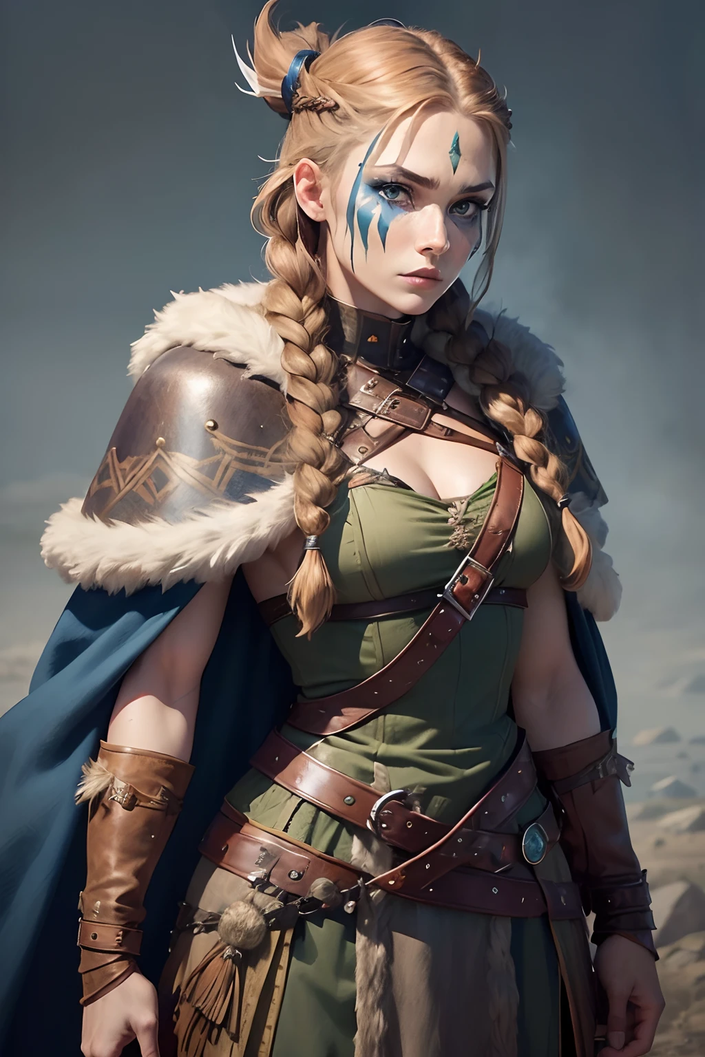 (Viking woman:1.2),(war paint on face), warrior makeup, (green eyes:1.1),(muscular),(fur coat),(fur skirt),(pants),(red brown hair color:0.9),(Viking hairstyle),(loose hair with small braids at scalp), (leather strap top) feathers, cloak over shoulder, spaulders, (Blue, grey and brown outfit:1.2), Warrior