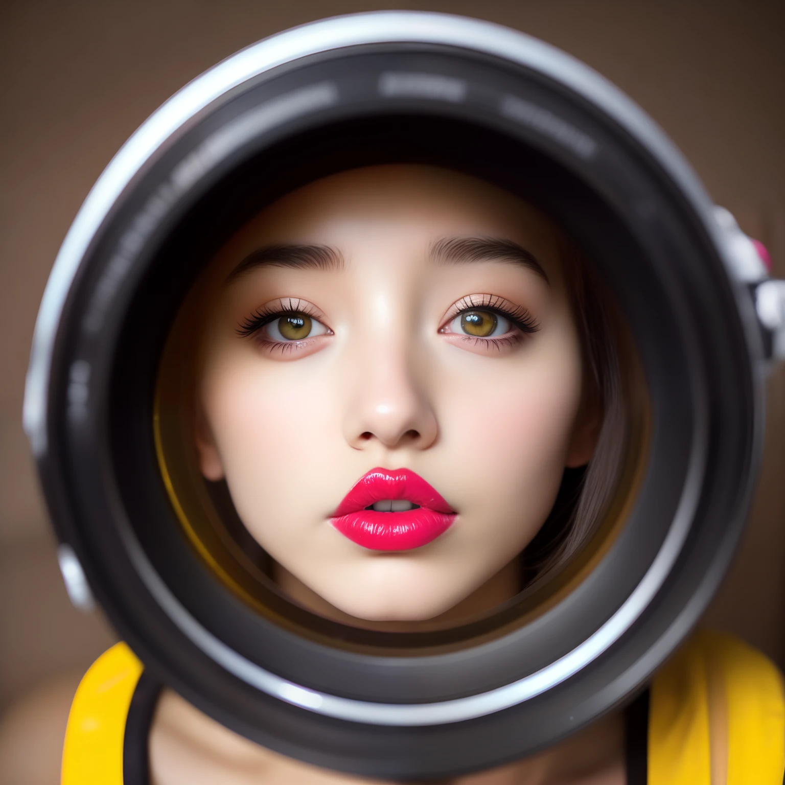 Nikon photograph of a girl kissing the camera lens, b1mb0, bimbo, pvc, huge lips. Close-up. Perspective