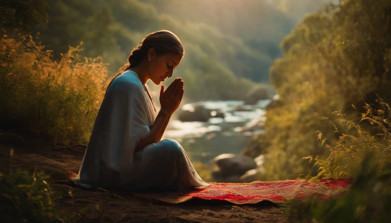 Produce a cinematic-quality portrait of a person in prayer, capturing the spiritual essence of the moment with exquisite detail