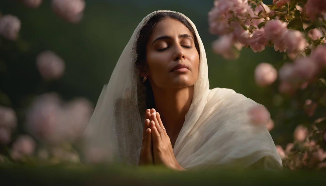 Produce a cinematic-quality portrait of a person in prayer, capturing the spiritual essence of the moment with exquisite detail