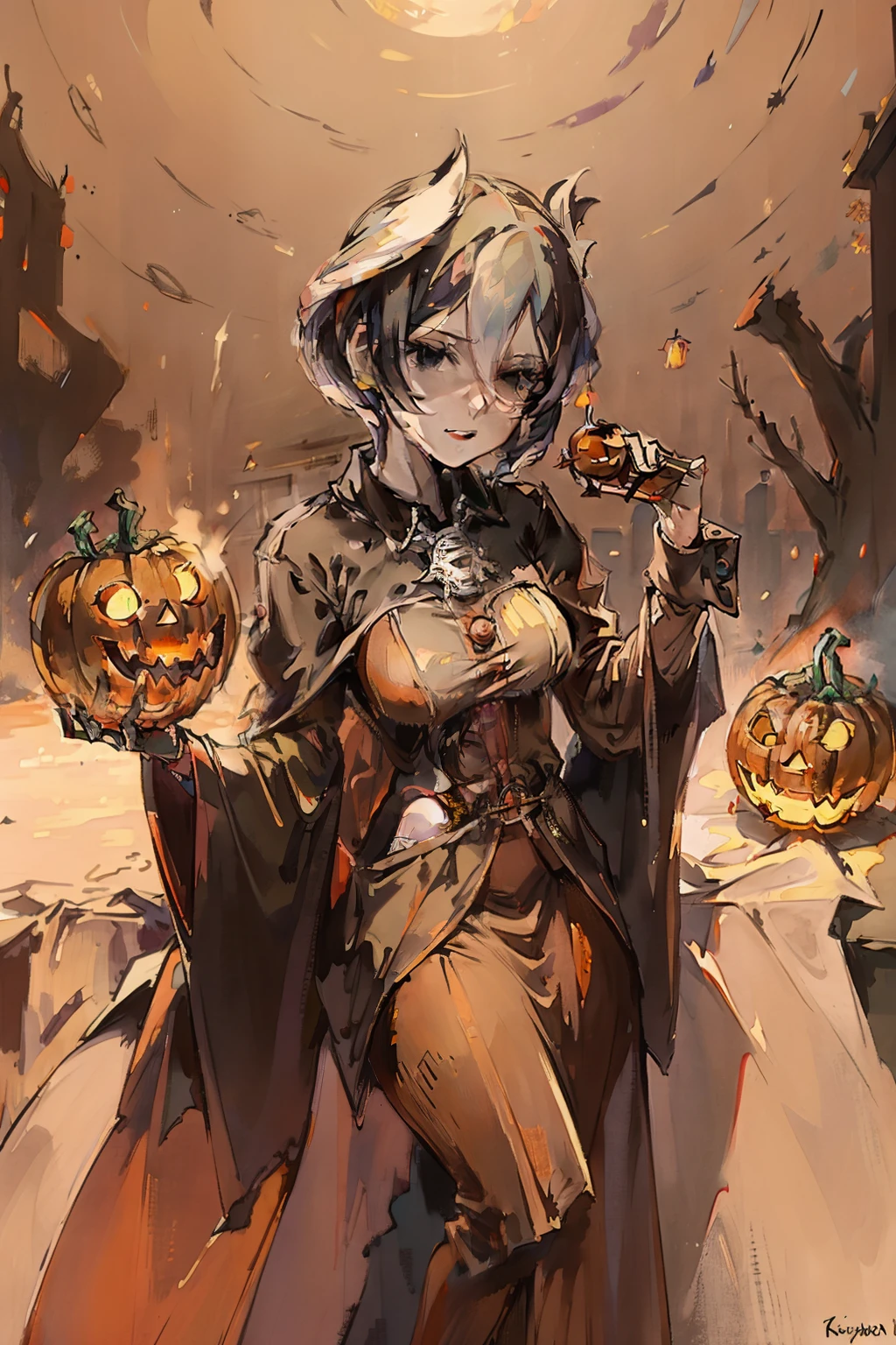 (( best quality, masterpiece, )) halloween costume, jack-o-lantern