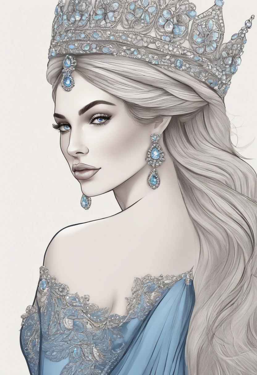 1 mulher, cabelos loiros e liso, Pupilas azuis, rosto delicado, fofo, brincos de adiamante, vestido azul, sentada em um trono, sedutora, |, master part, melhor qualidade,desenho digital, ccurate