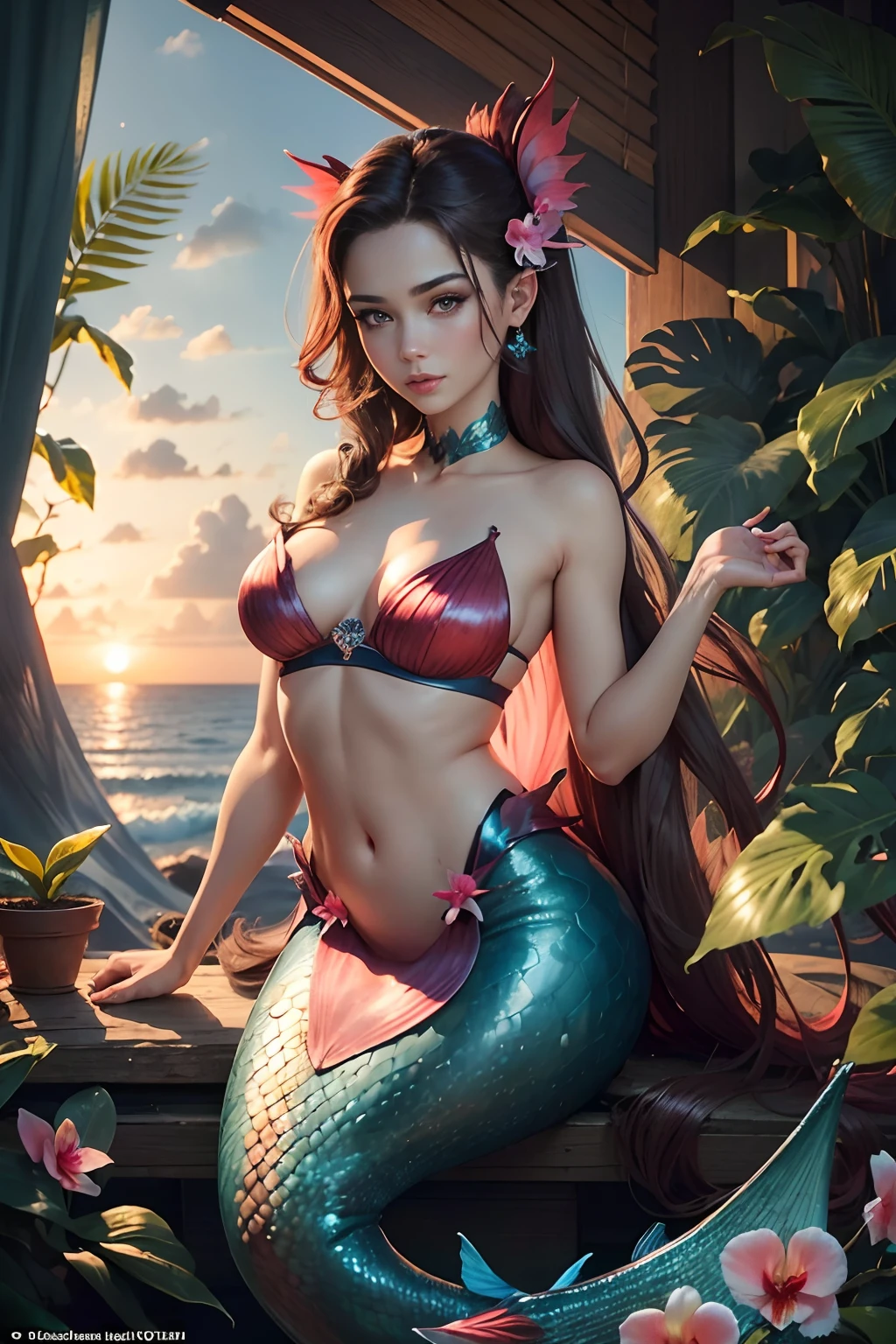 "Creating a masterpiece with stunning quality: a captivating image of a nymph-like mermaid. This beautiful woman with dark brown hair slicked back adorns her hair with orchids and has earfins. Her mesmerizing blue tail with a pink and red fin is accentuated by a leafy bra. She elegantly sits in a shell against a backdrop of a breathtaking sunset."