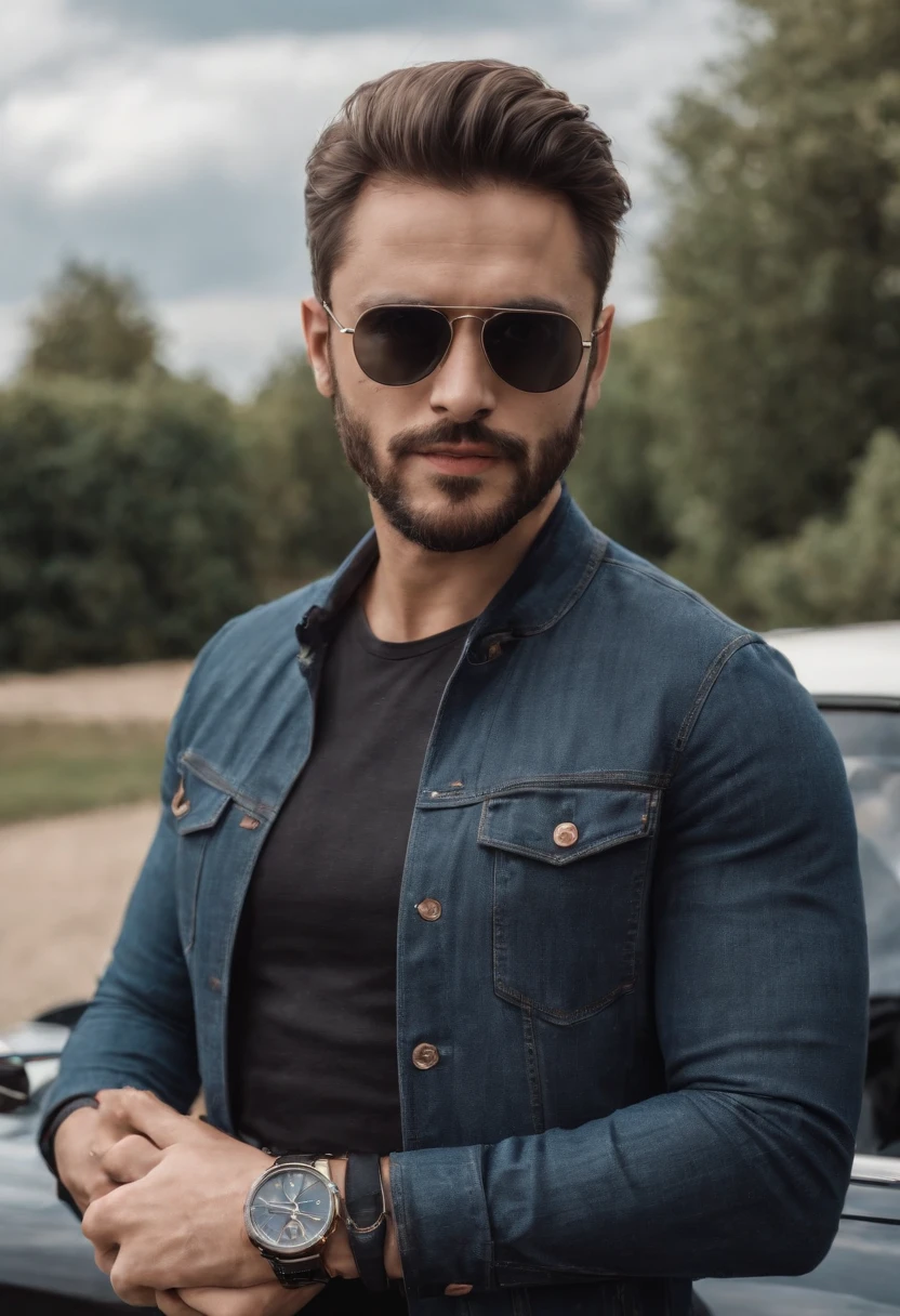 (um homem fisicamente bem, careca,(sun glasses:1.1+barba:1.1), wearing jeans and black shirt, jaqueta escura, standing near a supercar and a helicopter on it, retrato)