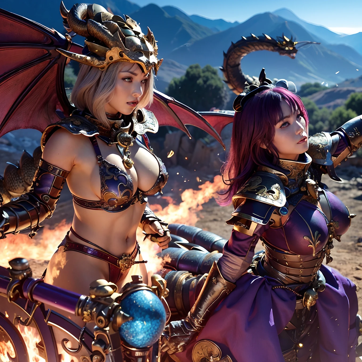 Professional , ​masterpiece、top-quality、photos realistic , depth of fields 、（Dragon Blue Metal Body:1.９),(Enamel purple、（cleavage of the breast）、Mystical expression、Dragon Gold Weapon、（Red Micro Bikini Armor:1.４),Gorgeous gold weapons ,Particles of light、（（ Dragon's dense and gorgeous sword）） , （demonic wings）、（（a blond））、（Castle background）、（（Gangle's forest background））、（（Fight dragons））、Beautiful Caucasian beauty、１a person、dynamic ungle,(((Detailed and ornate dragon helmet)))、Smaller head、A smile、Castle background、Thin and beautiful female hands、cleavage of the breast、Soldier in iron armor on background、Mystical expression、Light Effects、intense fighting、Wind-effect、magic circles、With the legendary magic wand、Dragon's tail、explosions、Anatomically correct body、