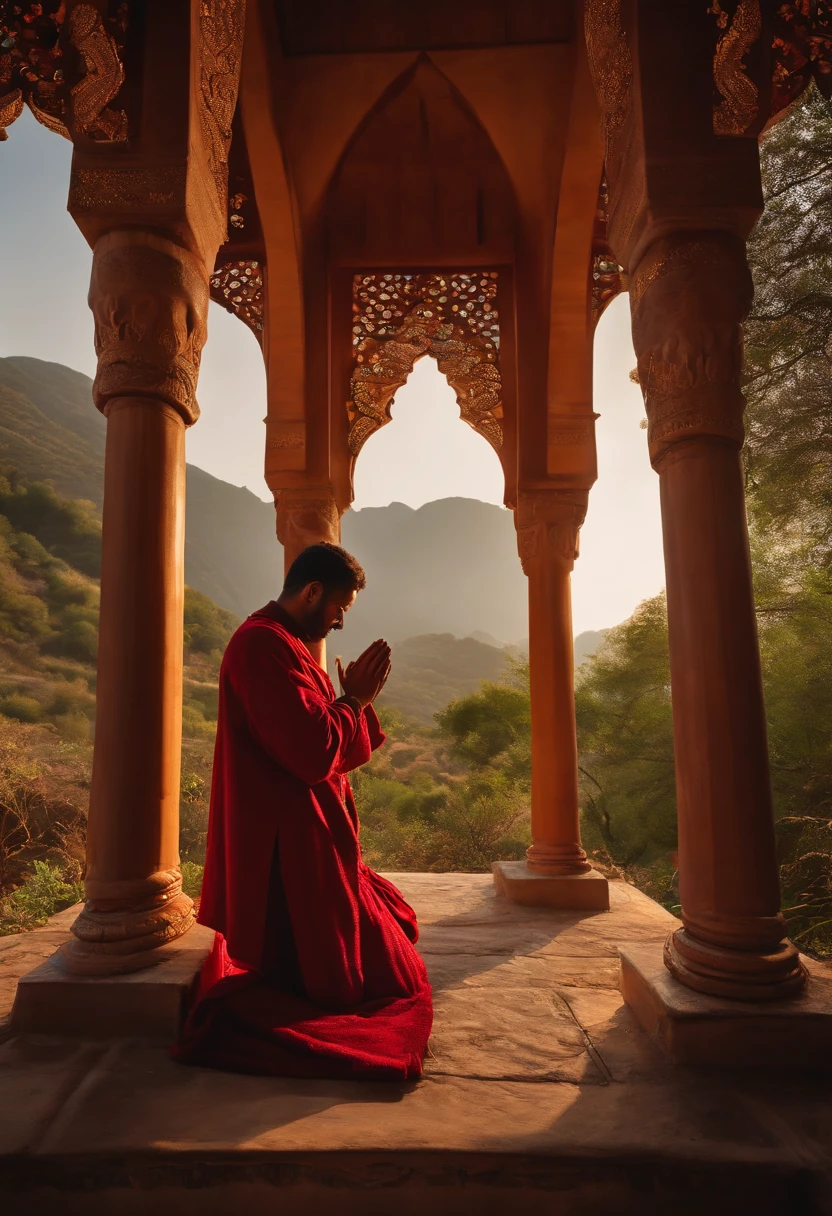 Craft an 8K image of a person engaged in deep prayer, set within a spiritually significant location, with meticulous attention to detail in both the surroundings and the individual's posture