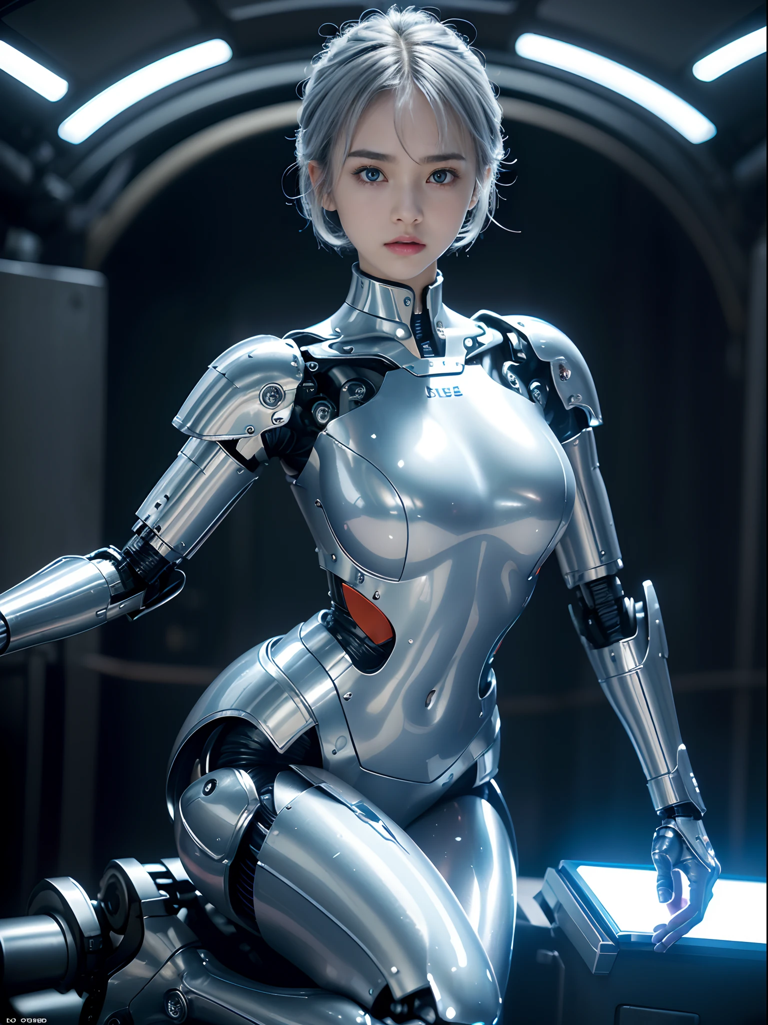 the best ever、8K,(((full body Esbian)))、(((The sheen)))、(((metalic)))、(((Very shiny、Very hard armor)))、(((cyberpunked)))、The cute beauty of the mecha(Best Quality, Detailed details, masutepiece, , 8K, Chiaroscuro，Colossal tits、Bust photos are ultra-realistic and realistic, Highly detailed Nikon videography )、((Beautiful and shining natural eyes))、Beautiful navel、Human skin type、（(Highly photorealistic human beings))、(Perfectly round pupils)、The details of the iris of the pupil are very amazing、(((Shining eyes)))、accurate fingers、Limbs without breakdowns、(((Caucasian 14 year old girl)))、((Very fair skin,,,,,,,,,,,,,,))、(((The specifics of the skin of a white girl)))、Naturally closed mouth、Natural areola、natural 、Staring eyes、Natural body、a baby face、Feminine face、Feminine body、(with round face)、a small face、soft cheeks、Looking at the camera、full body Esbian、、Beautiful and shining natural eyes、Human skin type、（(Highly photorealistic human beings))、(Perfectly round pupils)、The details of the iris of the pupil are very amazing、Limbs without breakdowns、Naturally closed mouth、Natural areola、natural 、Staring eyes、Natural body、Slightly baby-faced、Feminine face、Feminine body、with round face、a small face、soft cheeks、Looking at the camera、full body Esbian、Balanced face、drooing eyes、(((Not a crushing eye)))、Body with human-like proportions、(((Slightly longer arms)))、(rather long torso)、(((slightly larger hands)))、human face、(((Glowing blue light blue silver hair)))、(((Cool and cute short-cut hair)))、(((The background is the future)))、(((8 Head Body)))、(((Luminescent light purple eyes)))、(((Thin thin silver eyebrows)))、(((Thin eyebrows)))、Looking here、(Gentle double eyelids)、(((Gentle face)))、(((Background Mecha)))、bladerunner、(((RoboCop)))、Ghost in the Shell、tron、Space Detective Gavan、Swat、police officers、(((Night background)))、(((No makeup)))、(((Hollywood Science Fiction Movie Lighting))、(((New York in 5000 AD)))、((teal and orange))、Height 164cm、Leg length 80cm、the length of t