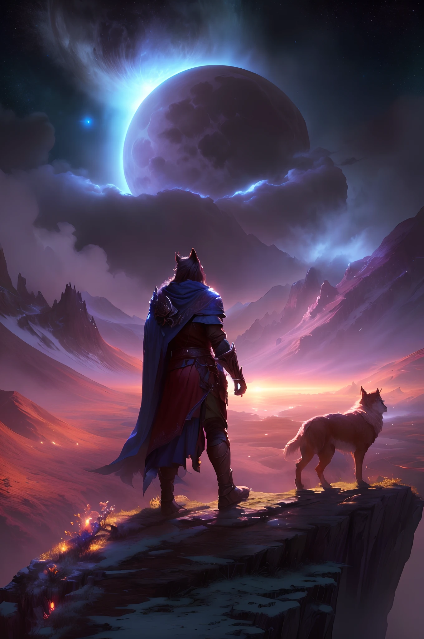 Painting of a man and a dog on a mountain with a full moon, Arte de fantasia 4k, Arte de fantasia 8k, Epic Fantasy Digital Art Style, arte de fantasia de alta qualidade, Epic fantasy art style, Arte Skyrim, companheiro lobo, epic fantasy HD art style, Pintado por Andreas Rocha, art of the elder's scrolls, fantasy epic digital art, arte de fantasia peluda