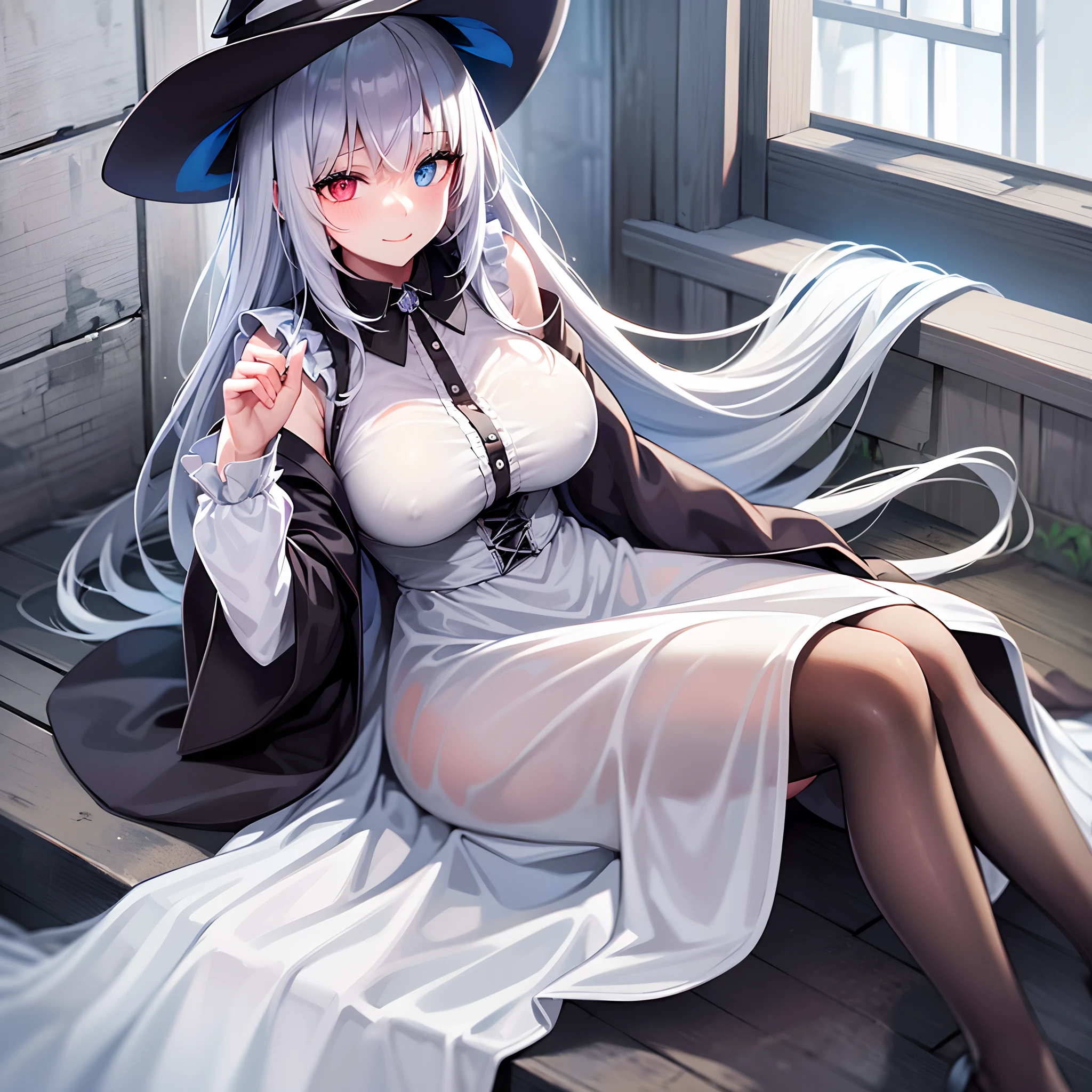 1 girl, solo, witch, whole picture, ultra detailed witch robe, white and blue tight robe, grey hair, long dripping hair, heterochromia, long skirt, witch hat, gentle smile, small boob window, huge breasts, sitting, wooden chair, inner room of an old ruined building