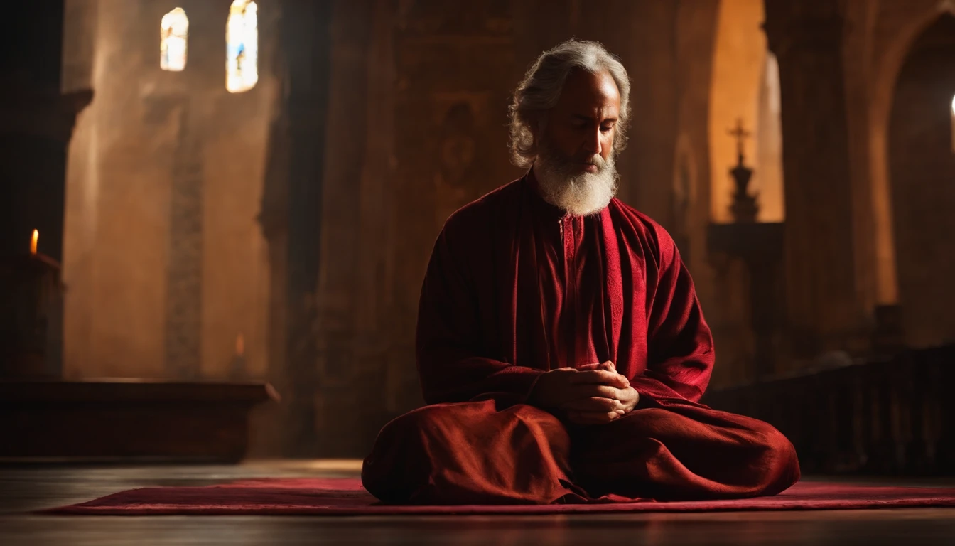 Create a cinematic-quality image of an individual in prayer, emphasizing both the sacred environment and the person's profound devotion, with meticulous attention to detail