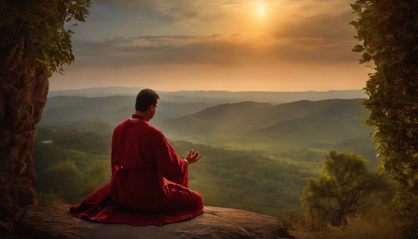 Create a cinematic-quality image of an individual in prayer, emphasizing both the sacred environment and the person's profound devotion, with meticulous attention to detail