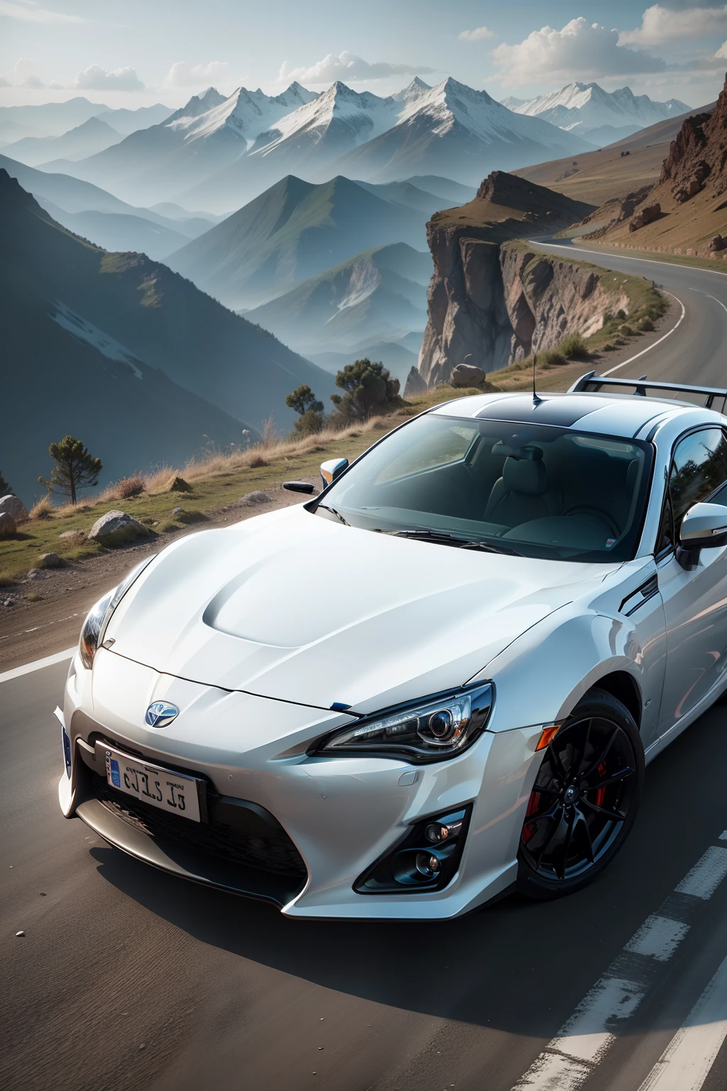 view of the mountains, ultra high quality, car on the road, toyota gt86, with girl standing on the hood