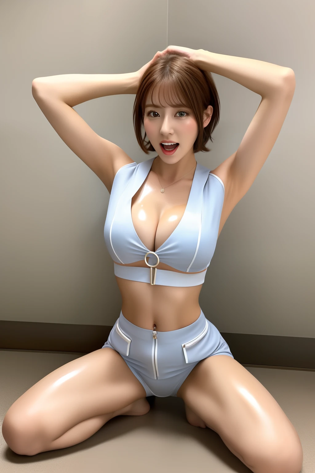 16k, (with chest:1.2), arms above head, (((open legs)), masterpiece, glossy nurse outfit, ((wearing))), college student Japan woman, wide waist, ((open legs)), (open mouth languidly), (open eyes wide), sweaty and shiny skin, brown hair, disheveled short hair, watch viewer , full body, perfect body