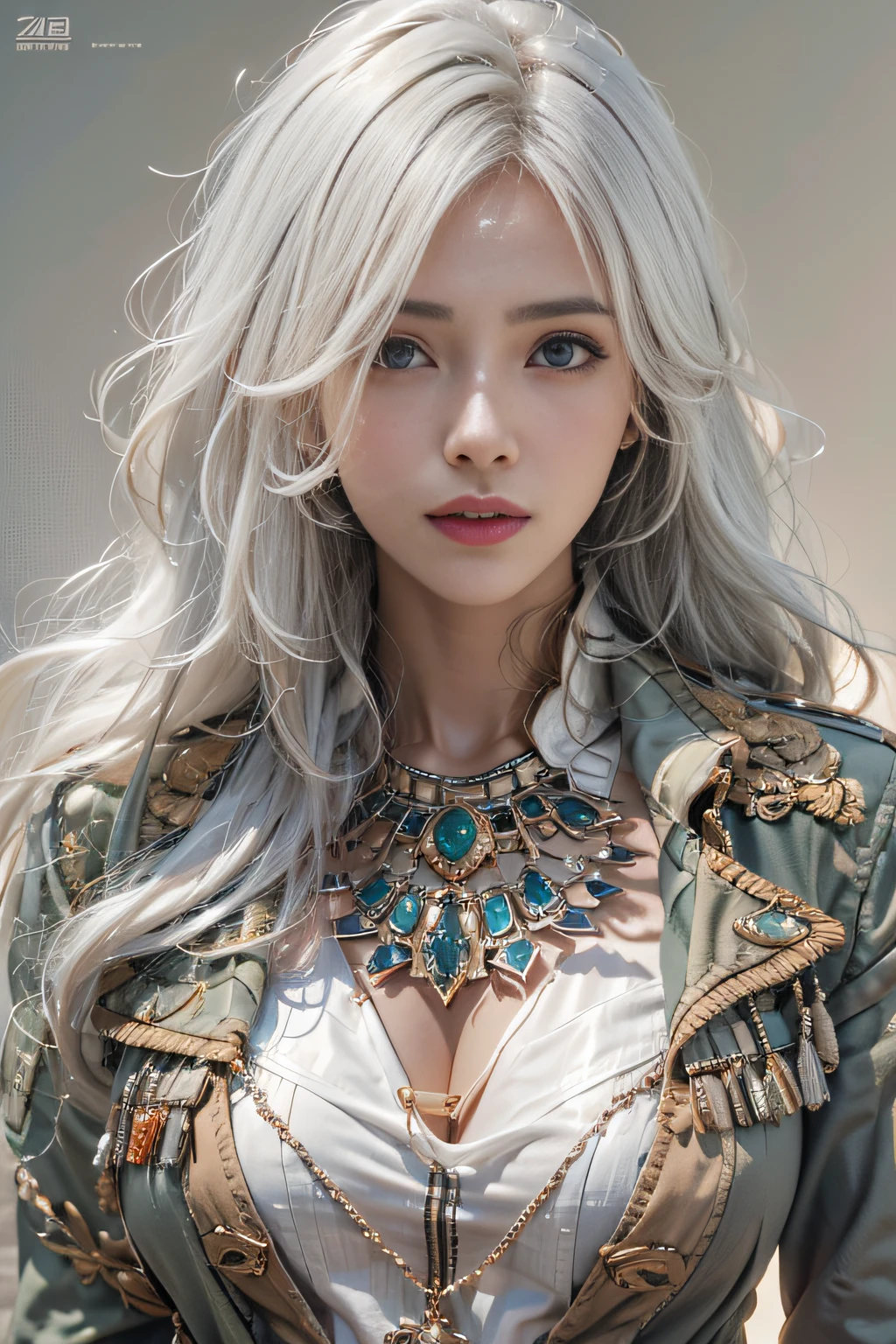 Photorealistic, high resolution, 1womanl, Solo, Hips up, view the viewer, (Detailed face), White hair, Long hair, army suit, jewelry
