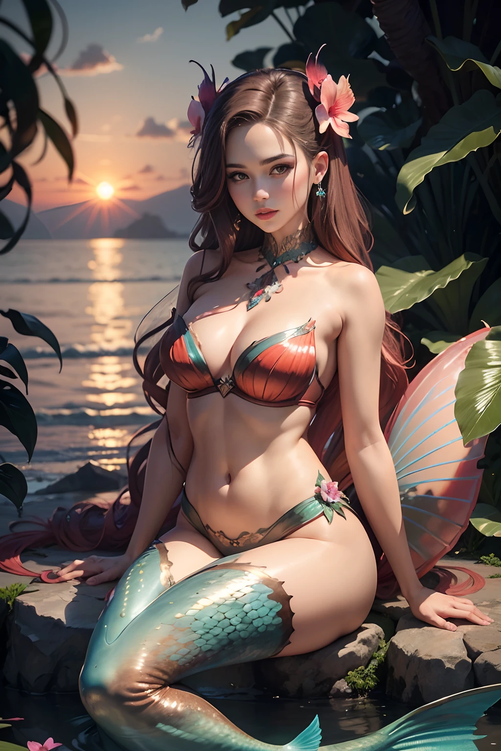 "Creating a masterpiece with stunning quality: a captivating image of a nymph-like mermaid. This beautiful woman with dark brown hair slicked back adorns her hair with orchids and has earfins. Her mesmerizing blue tail with a pink and red fin is accentuated by a leafy bra. She elegantly sits in a shell against a backdrop of a breathtaking sunset."