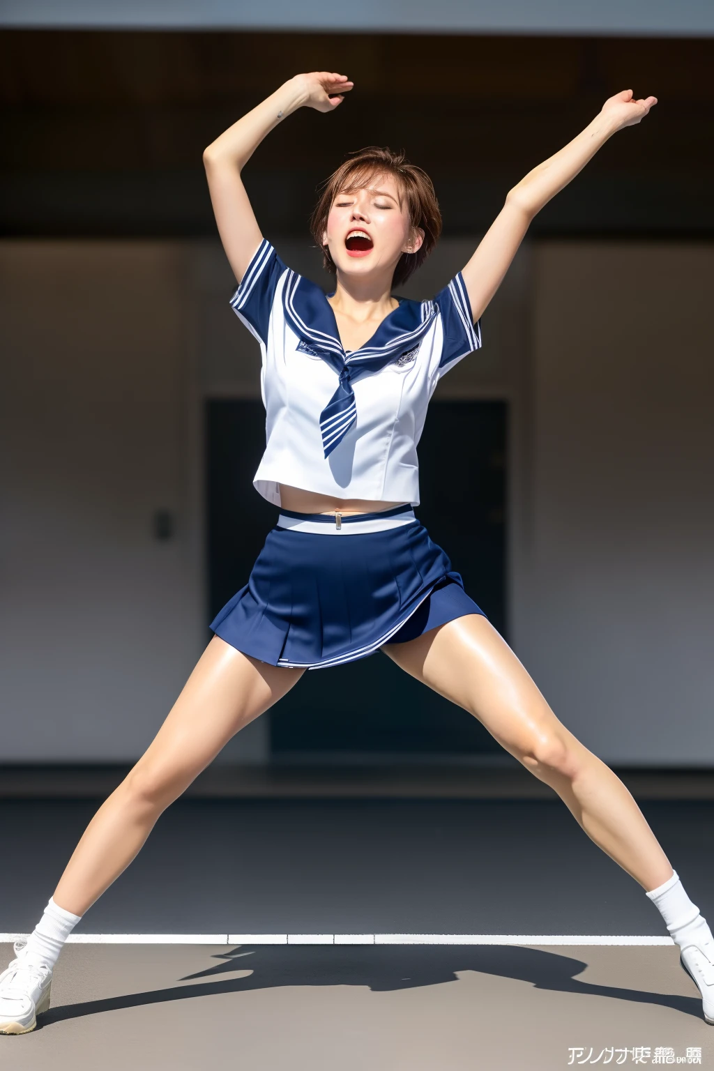 16k, (with chest:1.2), arms above the head, (((open legs)), masterpiece, sailor suit, super mini skirt, red underwear, (((wearing)), Japan woman, wide waist, ((open legs)), (open mouth languidly), (open eyes), sweaty and shiny skin, brown hair, disheveled short hair, watch viewer, full body, perfect body