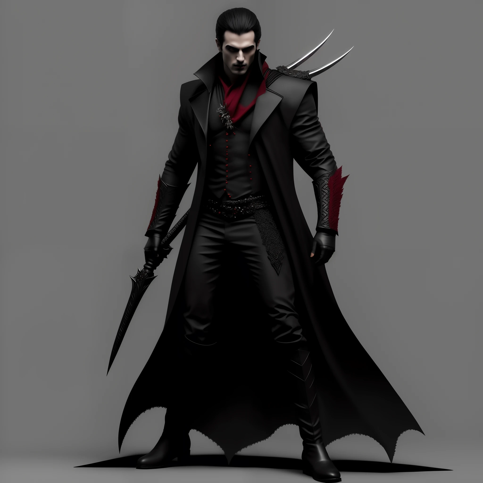 um homem de casaco preto e gravata vermelha segurando uma faca, cacador de vampiro macho, Vampire hunter of the Banu Haqim clan, design de personagens de fantasia sombria, Senhor vampiro, vampiro masculino bonito, vampire of clan lasombra, Estilo Raymond Swanland, Bloody + arte conceitual, necromante masculino, moda vampiro, Vampiro vitoriano, arte conceitual sombria criar outras posicoes paraa imagem