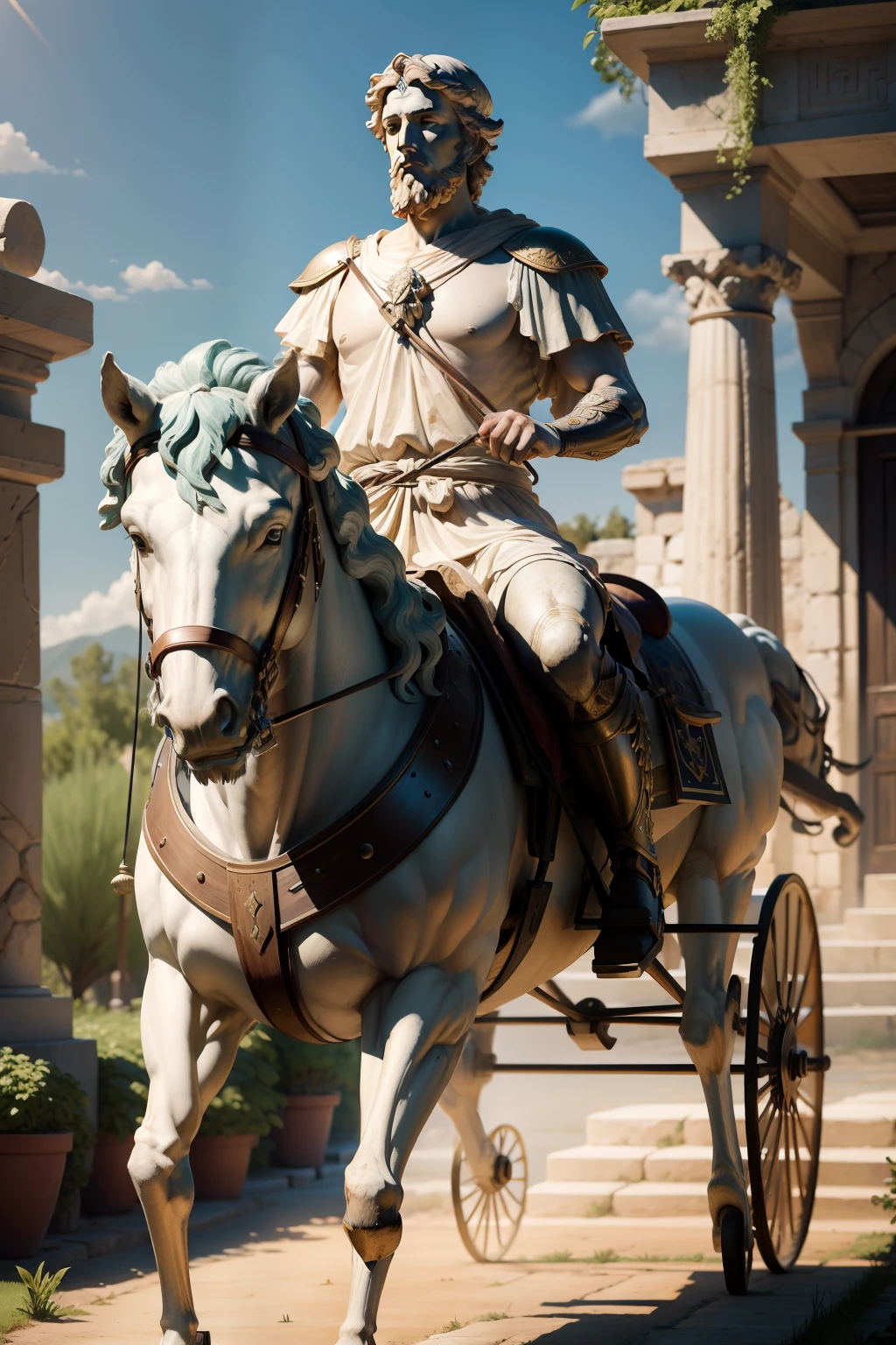 Greek statue Marcus Aurelius riding a cart, nature garden background, 8k, realistic