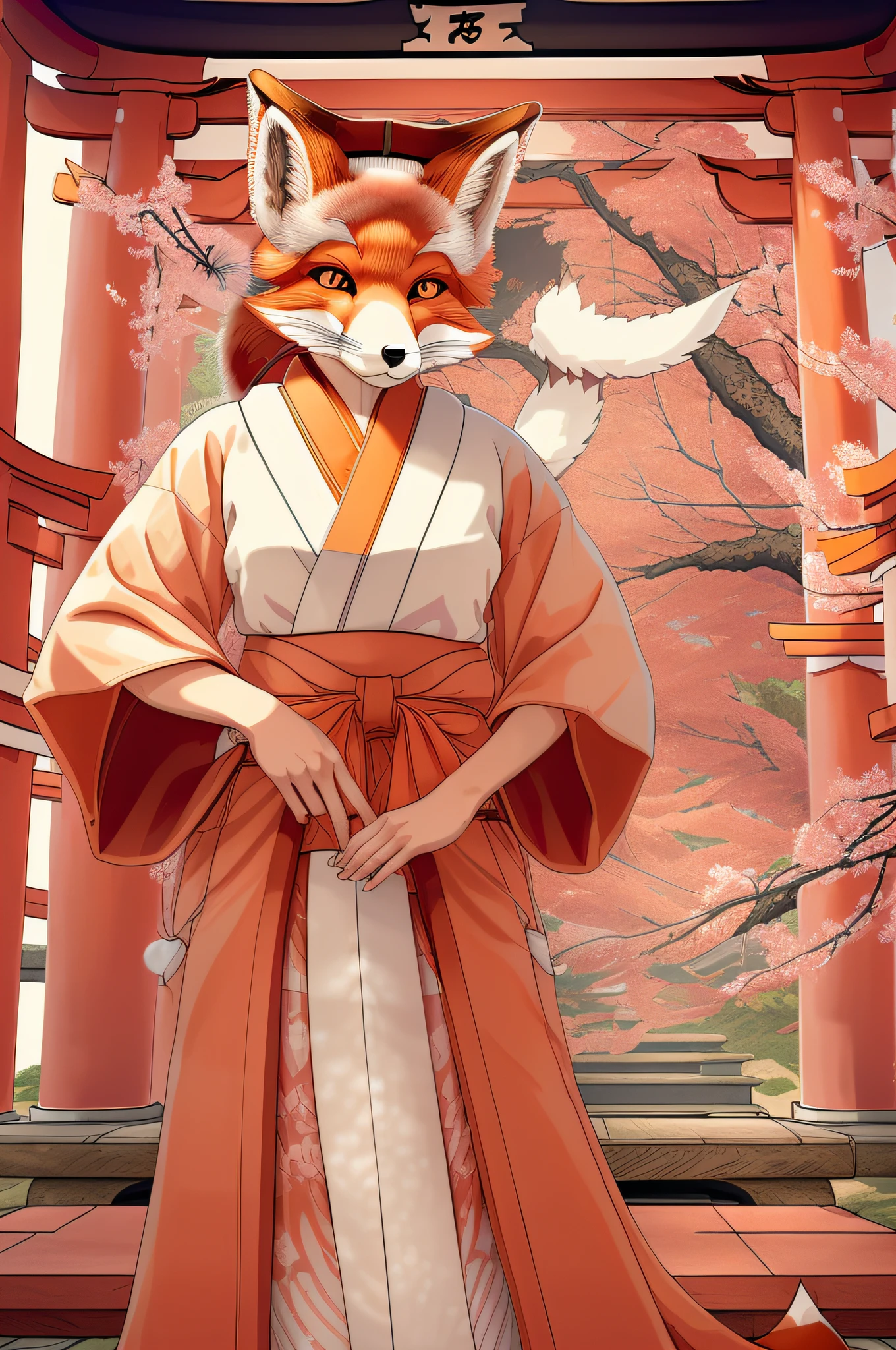 masterpiece, best quality, ultra high res, ultra detailed, super fine illustration, 2D painting, (ukiyo-e:1.2), (by Utagawa Kunisada), line-art, anatomically correct, perfect proportion, perfect face, perfect hands, perfect legs, perfect fingers, perfect hands BREAK (shrines), (torii:1.2), 1 fox, (fox face, fox ear, fox tails:1.5), standing in front of torii, (wearing japanese shrine maiden clothes, red hakama:1.5) BREAK (1 fox), (wearing japanese shrine maiden clothes, red hakama:1.5), (fox tails:1.5), Inspired by Utagawa Kunisada, Inspired by Keisai Eisen, Inspired by Utagawa Kunisada III, Inspired by Utagawa Kunisada II, inspired by Utagawa Toyokuni, (by Utagawa Kunisada:1.5), Utagawa Kunisada III