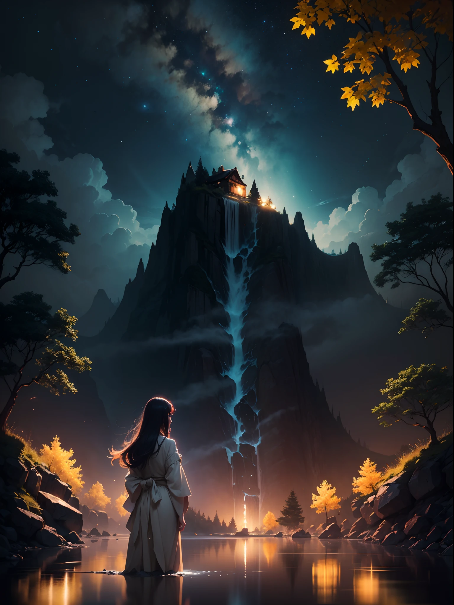 Top quality masterpiece, deep focus, lots fireflies, lots, big glow particle, anime, object, girl (girl standing a long masterpiece), yellow and dark cerulean color combination, glow light, night, house, water, reflection, beautiful anime scene, lots of stars, moon, artwork in the style of guweiz, andreas rocha style, inspired by Andreas Rocha, japanese concept art, volumetric lighting, by Yang J, epic concept art. bokeh, trending on cgstation, anime beautiful peace scene, many lots of glow particle, lanscape, 8k beautiful night anime, intricate, elegant, point of interest photography, perfect night anime (masterpiece, sidelighting, finely detailed beautiful night lanscape), long hair, mountain, night sky, ray of light, rule of third photography, point of interest photography, perfect landscape color tone, lake background, river, leaf, falling leaf, grass, tree, moss, water, water reflection, dramatic shadow, tree rope, rock stone, Fog, Foggy, saturation glow light,