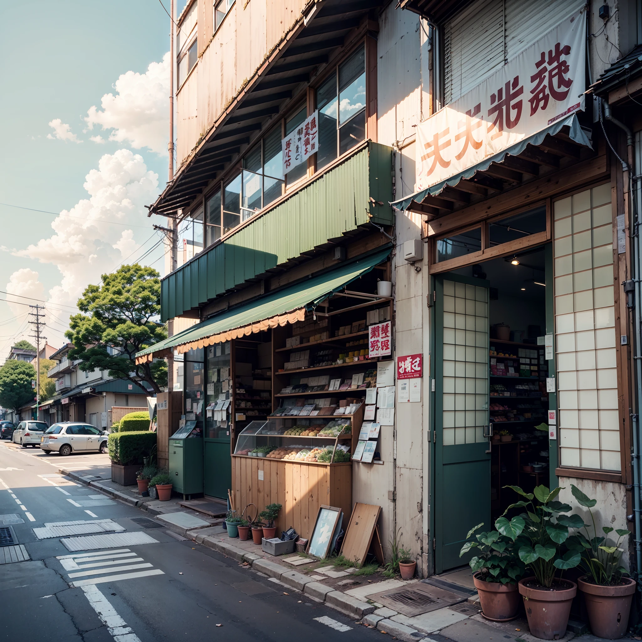 abandoned, slightly overgrown, empty, modern suburban Japanese street. closed shops on either side of the street. trees. plants. plant pots. rocks. air ventilation systems. road works. big Japanese shop signs. retro Japanese shop signs. anime style, anime, lofi style, lofi. gloomy weather, sun emerging from clouds. (no one: 1), no people. best quality