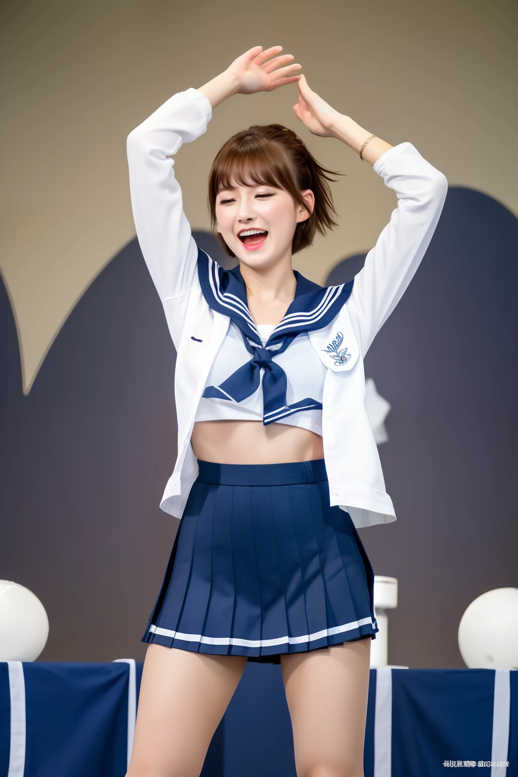 16k, (with chest:1.2), arms above the head, (((open legs)), masterpiece, sailor suit, super miniskirt, (wearing erotic)), Japan woman, wide waist, ((open legs)), (open mouth languidly), (open eyes wide), sweaty and shiny skin, brown hair, disheveled short hair, watch viewer , full body, perfect body