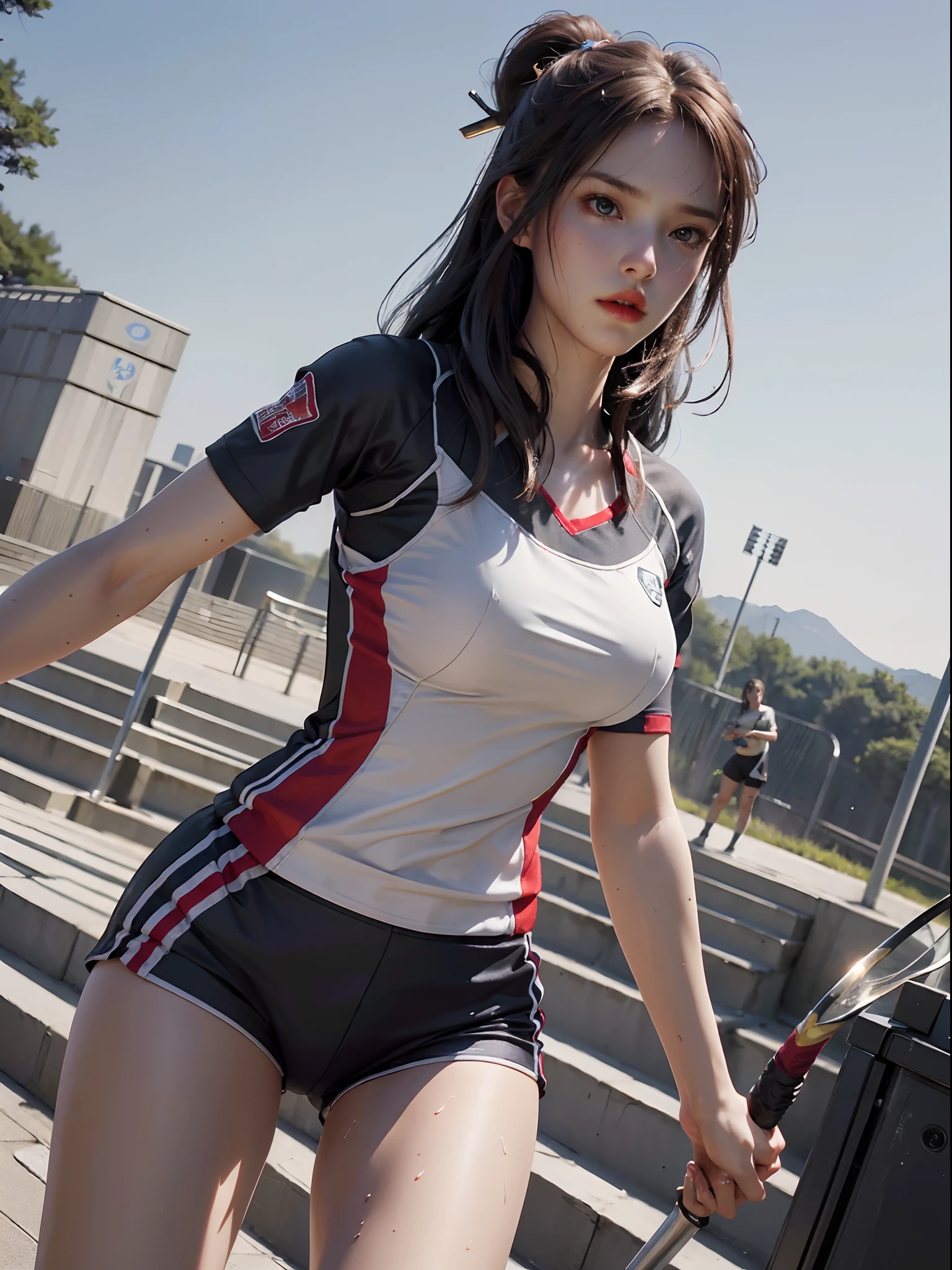 (8K, Raw photo, Best Quality, masutepiece:1.2), (Realistic, Photorealsitic:1.37),1 girl,Beautiful,Powerful, (Solo),A detailed face, Dramatic Angle,
,Sports Archery Uniform Uniforms ,Look away,Sporty,Wet skin,Sweat,Large breasts,Trained abs,nice legs,Sports Archery Uniform Venues   ,