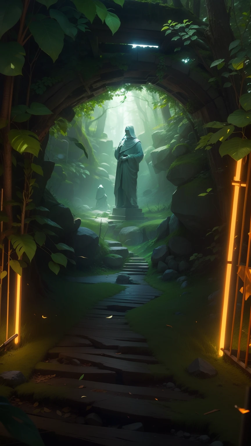 I want you to create an image where the figure is in a forest