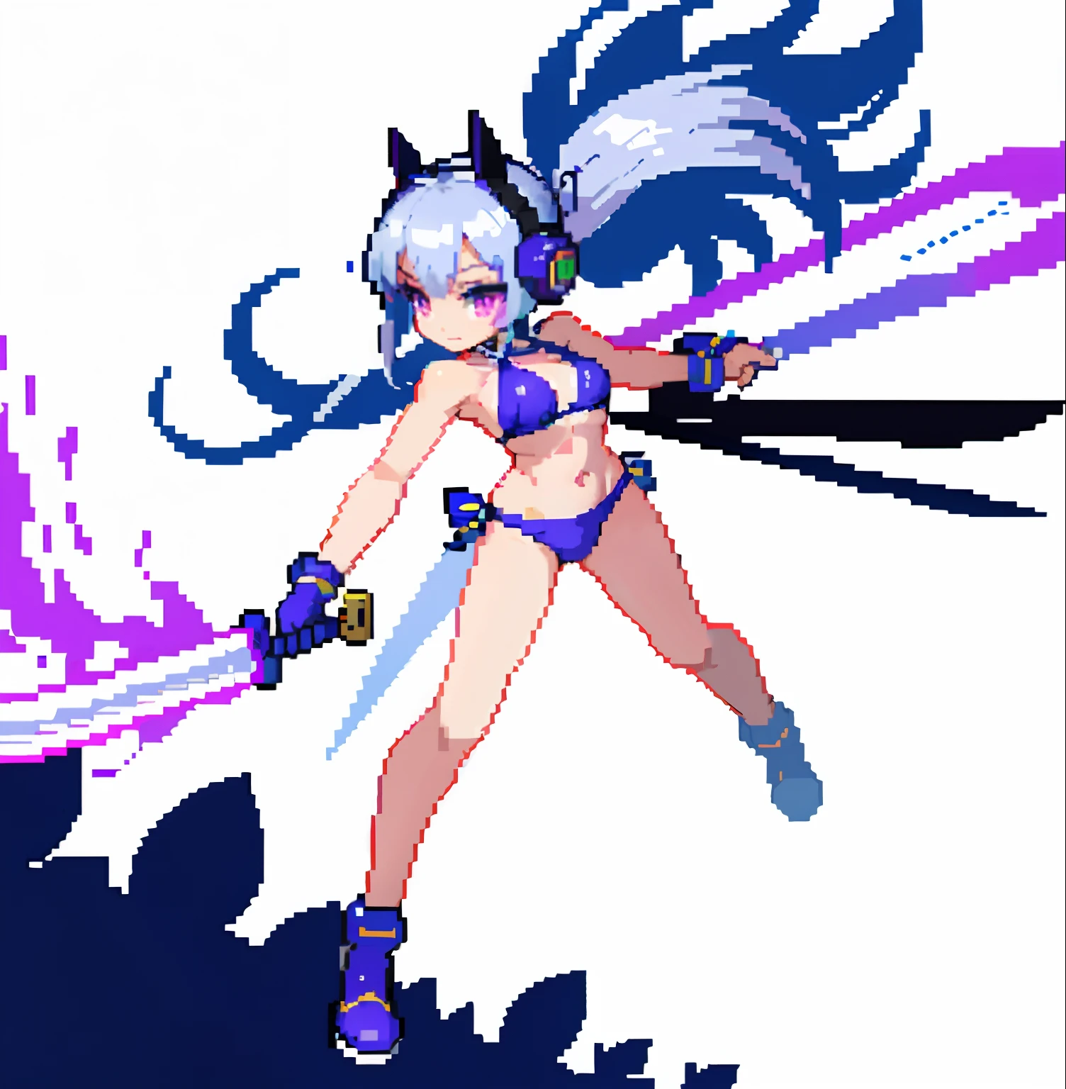 (​masterpiece、top-quality、top-quality)、pixels、Pixel art、hiquality、Girl in bikini swimsuit runs、explosions、loimu、Story、big explosion、Cyber Headphones、Silvery hair、poneyTail、Purple eyes、Super explosion、holds a sword、Street