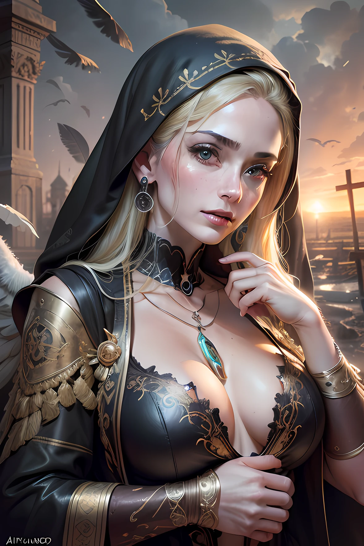 (Numerous award-winning masterpieces, With incredible detail, textures and maximum detail), (hyper realistic:1.4), (Realistic:1.3), (Imagem corporal inteira:1.5), (Partee superior do corpo para cima:0.3), (melhor qualidade de pele textura real), (finely detailed true circle eyes), (Finamente detalhado e bonito rosto:1.4), (Aesthetic and decadent image:1.5), ((mundo medieval)), (Morte:1.4), (olhar gelado nos olhos), (She has a nasty smile on her face, But his eyes aren't smiling:1.3), (He has a sickle that harvests the soul in his hand:1.5), (Um saco contendo almas colhidas com um leve brilho:1.5), (Olhos que brilham vermelhos no escuro), (dramatic light), altar sacrificial, (A majestic sight), (Magic Circle of Menacing Glow:1.3), His countenance is gentle and handsome, mas de alguma forma aterrorizante, (Large wings with tattered black feathers behind shoulders:1.3), (Imagem corporal inteira:1.5), (Wears a dark black hooded robe with intricate patterns:1.2), Asas dobradas, Earrings with skull pattern, (Seguido por Skeleton Reaper: 1.3), (((dramatic photo))), (Twilight), (Sunset), (twilights), ((dramatic pose)), (foto extravagante), (cabelos dourados), (cabelos prateados), (cabelo castanho), ((procura para cima)), ((olhando para baixo)), (Imagem corporal inteira:1.5), (Around her neck is a simple necklace of exquisite finish), Forgotten tomb covered in vegetation, Great Tomb, Underground Labyrinth, Ruins of the Temple of Evil, Temple of Sacrifice, Misteriosamente, Ruins of the Old Castle, deserted cemetery ruins, Ancient tomb collapsed, Ancient ruins of stagnant water, Swamp Ruins, Masses of bright majestic clouds and sky, Raio, epic realistic, desbotado, arte, (Greg Rutkowski:0.8), (teal and orange:0.4), (Artee Station:1.5), cinemactic, ((Cores Neutras)), (HDR:1.5), (cores silenciadas:1.2), hiper detalhado, dramatic light, (detalhes intrincados:1.1), Antecedentes complexos,